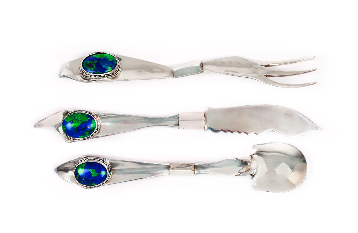 Set de 3 tacâmuri din argint, decorat cu elemente de influenţă Art Deco