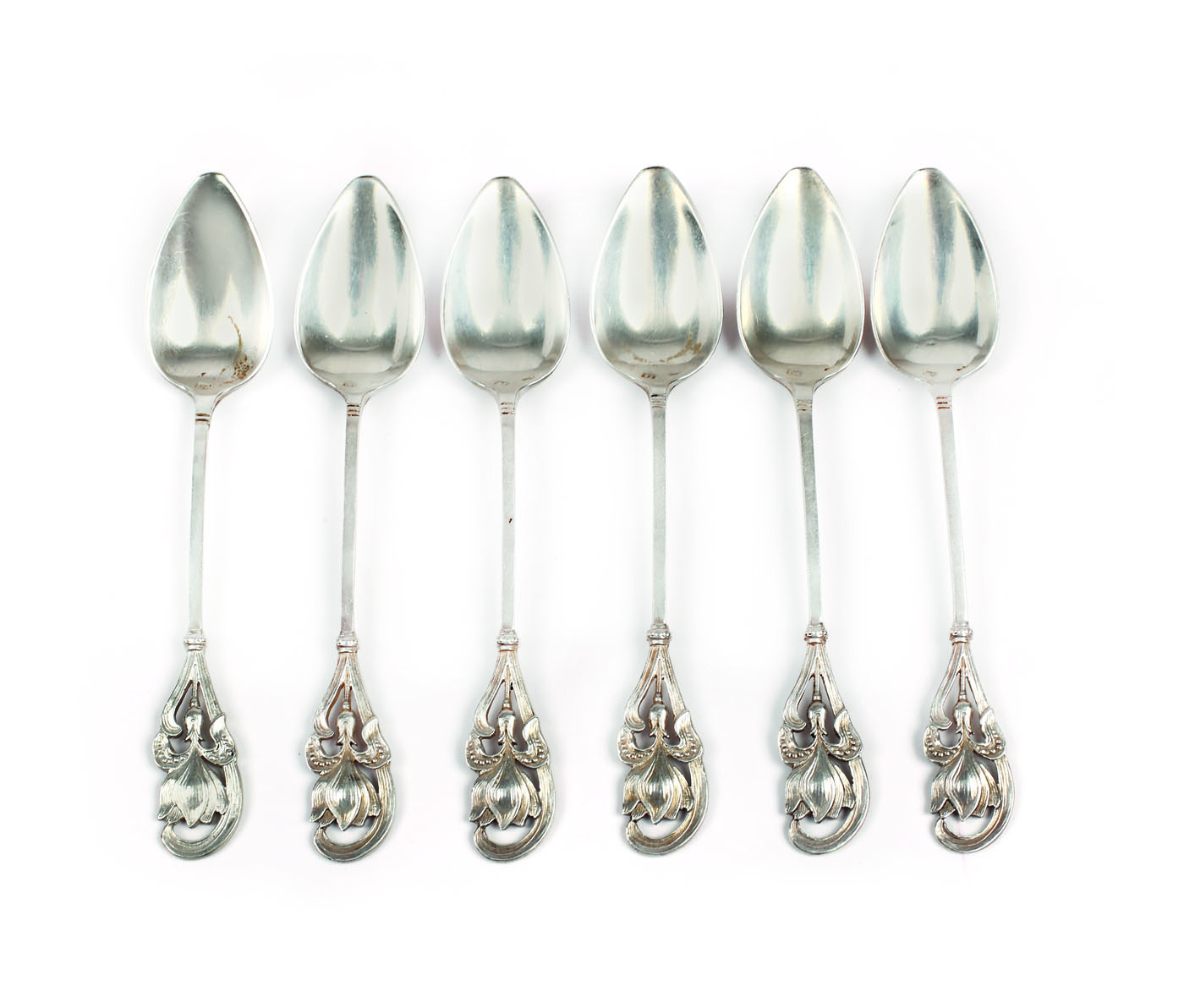 Serviciu de 6 lingurițe în stil Jugendstil, din argint, pentru dulceață, în cutie originală, cca. 1900
