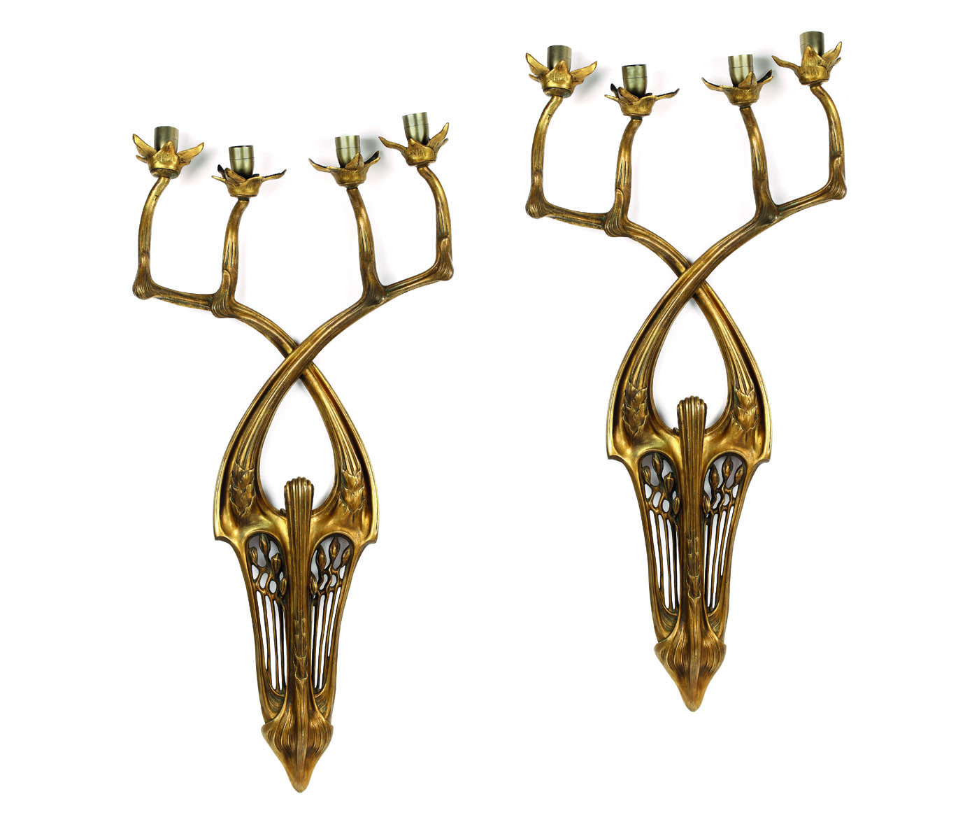 Monumentală pereche de aplice din bronz, realizate în stil Art Nouveau, cca. 1900