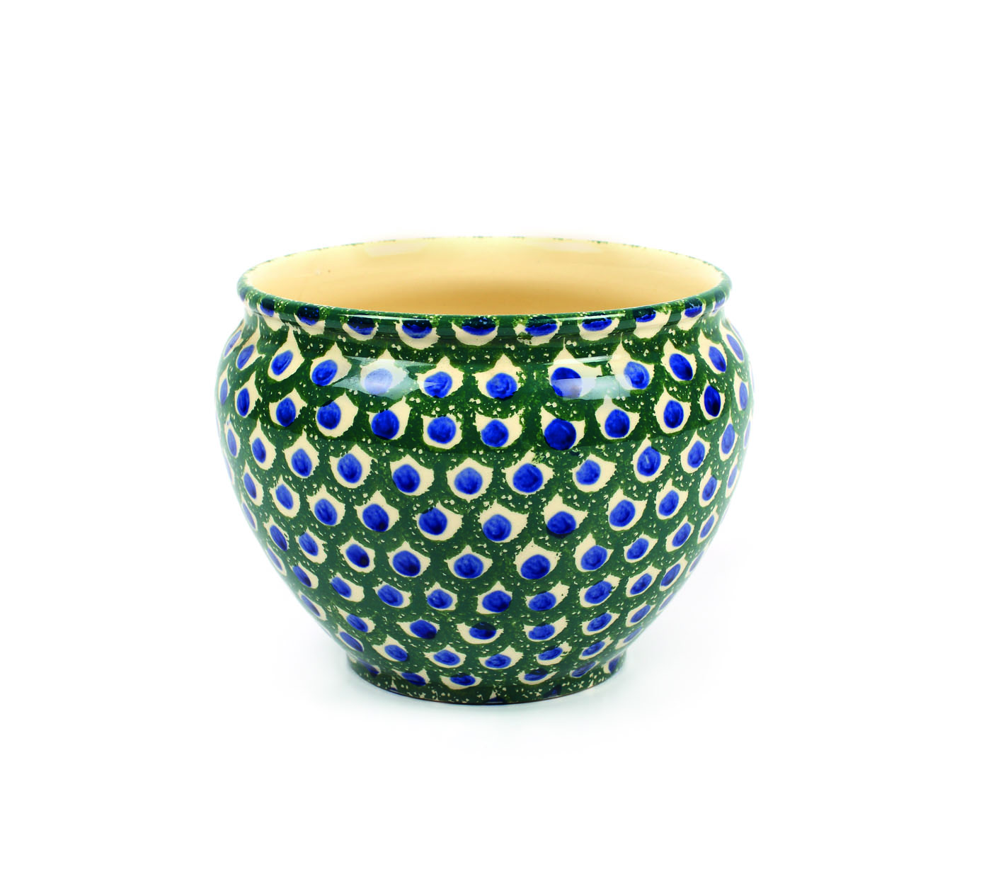 Cache-pot din faianță Sarreguemines, pictat manual cu motiv cromatic - pene de păun, în manieră Art Nouveau