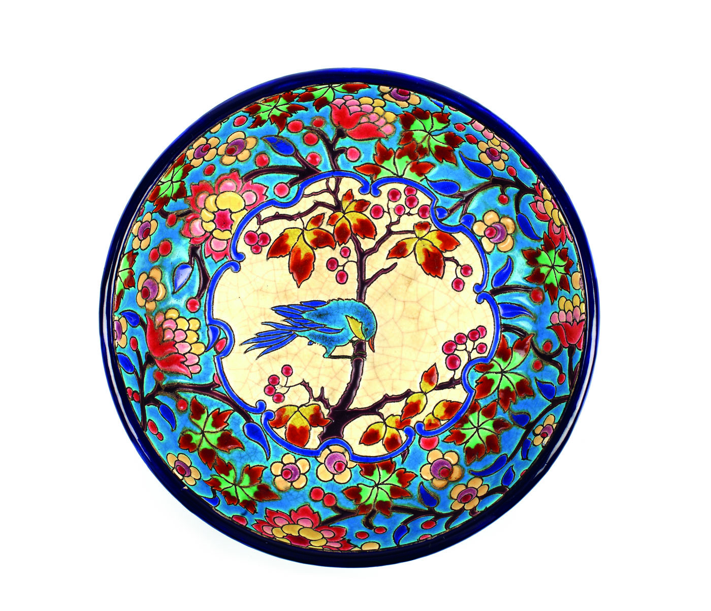 Frumos platou din email de Longwy, în stil Art Deco, decorat cu rândunică în amplu decor floral, cca. 1930-1950