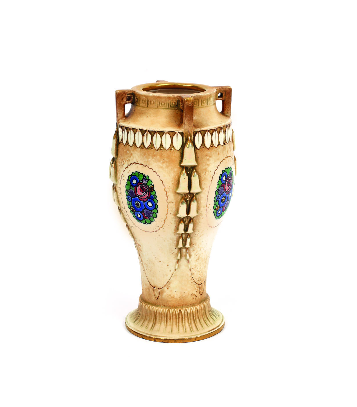 Vas Amphora, designer Paul Dachsel, decorat cu buchete de flori, cca. 1930