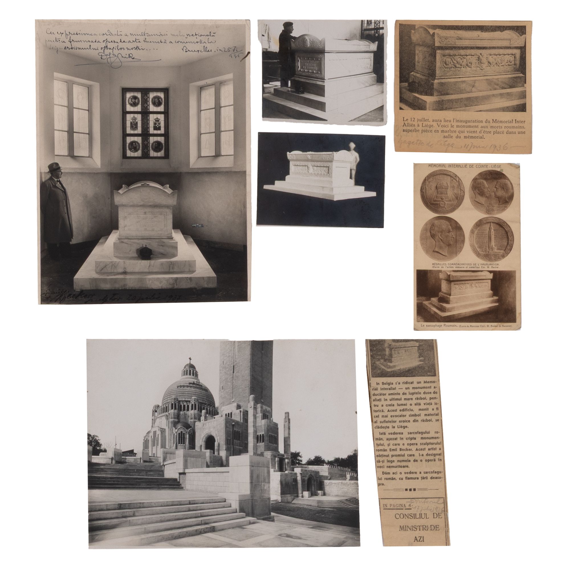 Lot format din patru fotografii ilustrând Sarcogaful român de la Liège realizat de Emil W. Becker, ateliere fotografice M. Bilinsky, București, și G. Jacoby, Liège, alături de trei fragmente de articole din ziar despre lucrare, 1935, provin din arhiva personală a artistului