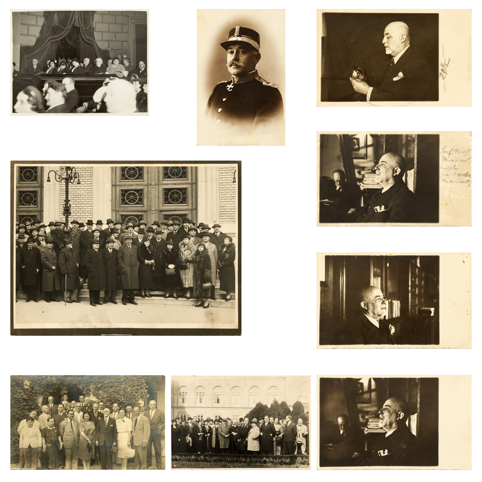 Lot format din nouă fotografii reprezentându-l pe numismatul Constantin Moisil în timpul unor evenimente numismatice și alte personalități, printre care o fotografie a generalului Ioan Dragalina, atelier fotografic M. Bilinsky, București, perioada interbelică, provin din arhiva personală a artistului