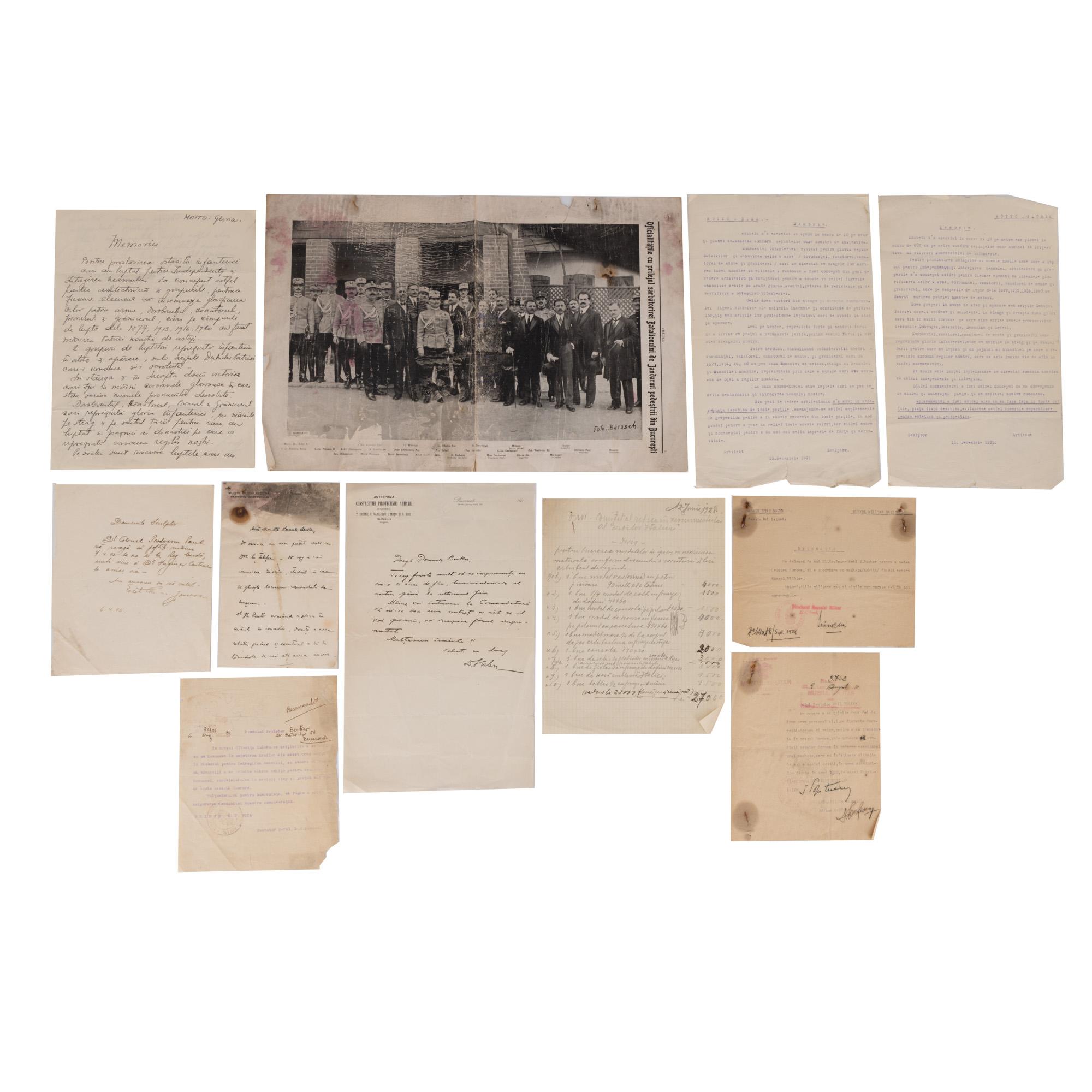 Lot format din 11 documente referitoare la diverse lucrări pe teme militare realizate de Emil W. Becker, perioada interbelică, provin din arhiva personală a artistului