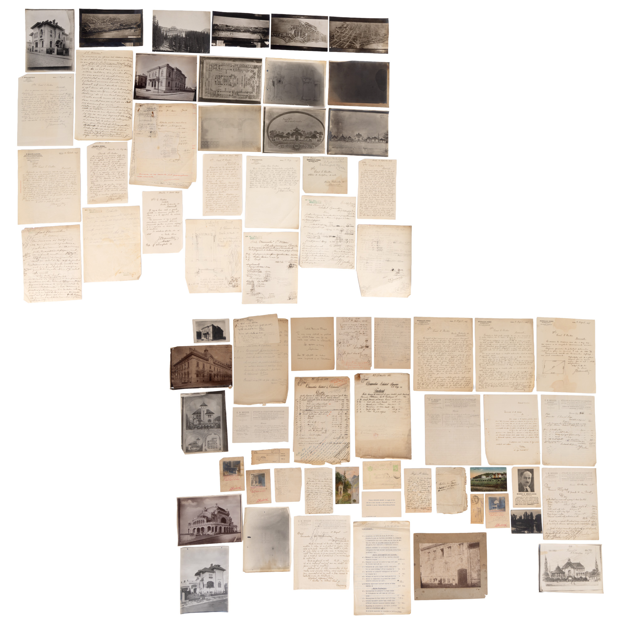 Lot format din 103 documente referitoare la diverse lucrări realizate de Emil W. Becker, fotografii de epocă cu imagini aeriene și urbane, devize, note de cheltuieli, corespondență comercială, perioada interbelică, provin din arhiva personală a artistului