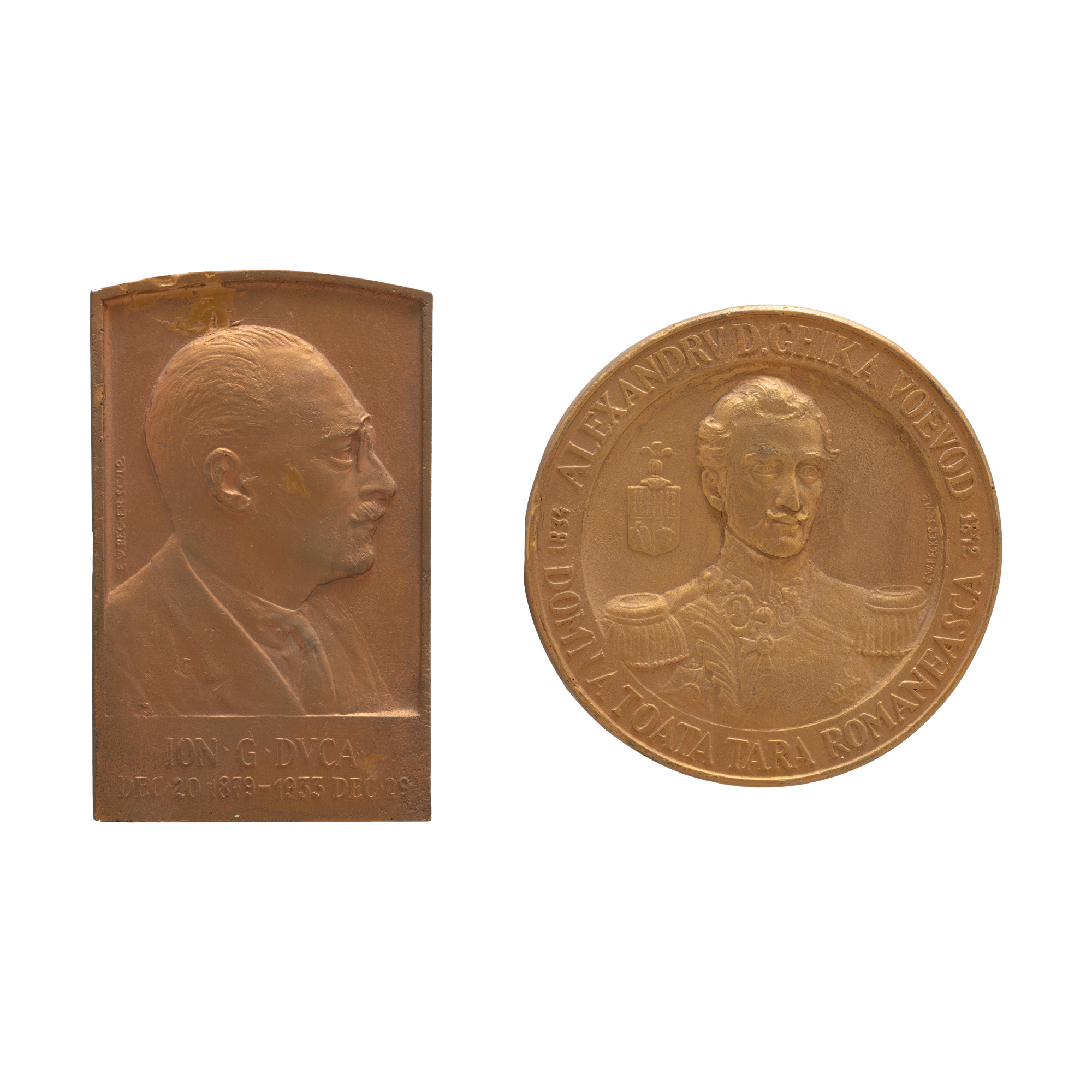 Lot format din machetă pentru ”Ion G. Duca”, gravor Emil Wilhelm Becker, cca. 1933, și machetă pentru ”Alexandru D. Ghika”, gravor Emil Wilhelm Becker, prima jumătate a sec. XX