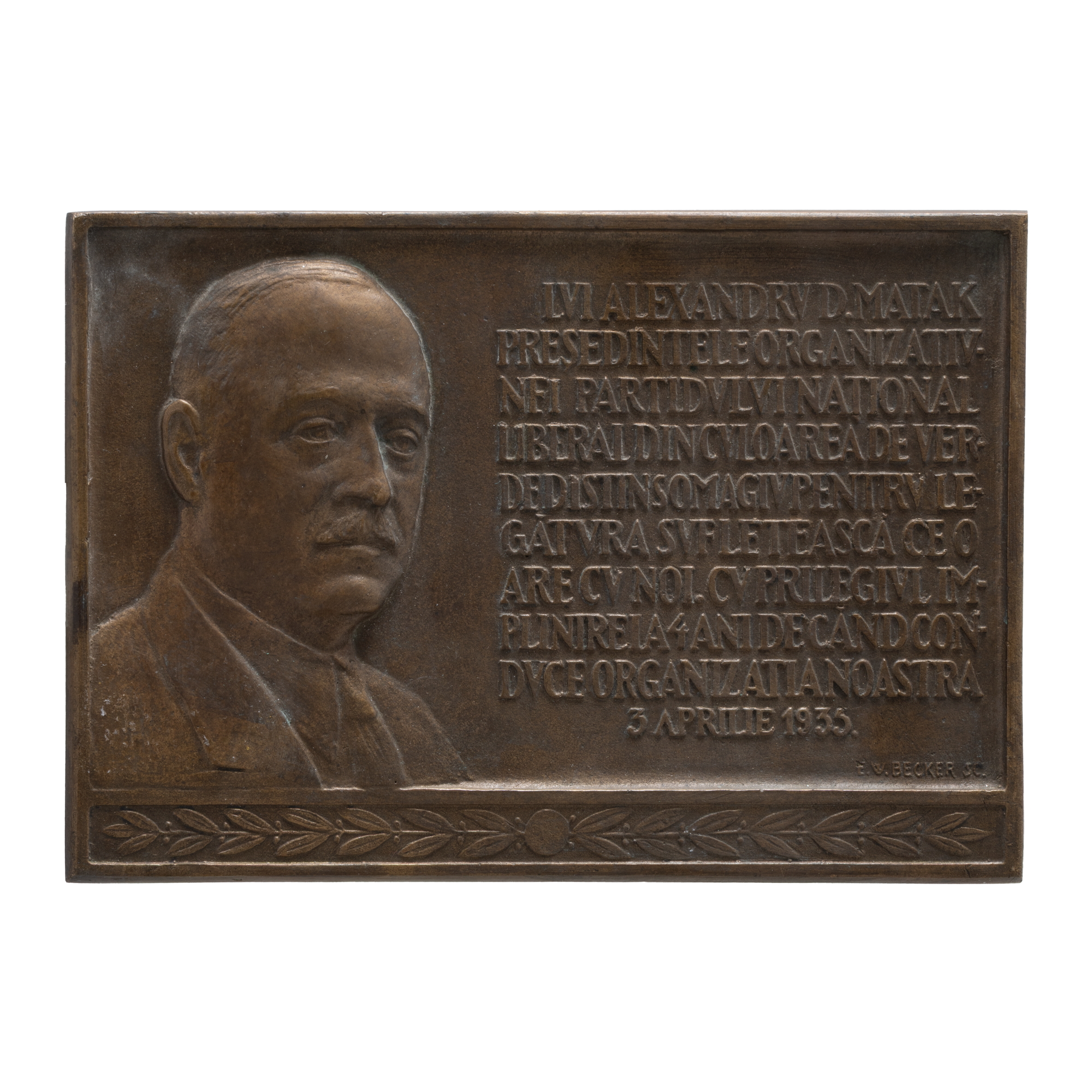 Machetă originală ”Alexandru D. Matak, președintele organizației P.N.L. de culoare verde”, gravor Emil Willhelm Becker, 1935, avers, exemplar unic