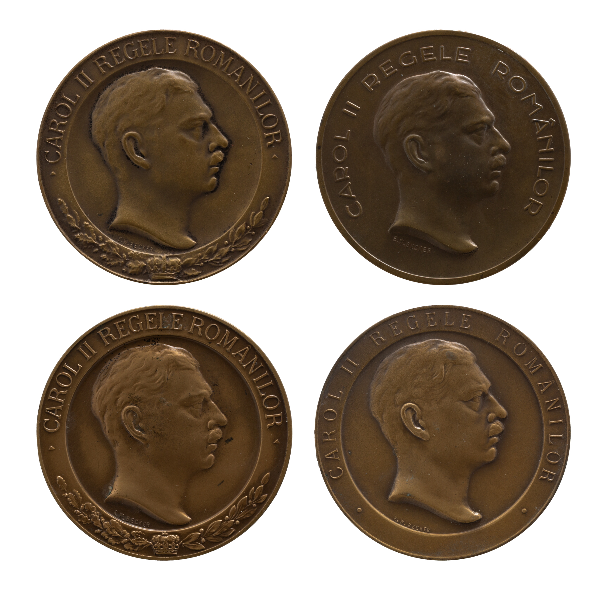 Lot format din medalie ”Luna Bucureștilor, 9 mai - 9 iunie”, gravor Emil WIlhelm Becker, 1935, medalie ”Concursul național al grâului”, gravor Emil Wilhelm Becker, 1938, medalie ”Monetăria națională”, gravor Emil Wilhelm Becker, 1935, și medalie ”Al XVII-lea Congres internațional de antropologie și arheologie preistorică”, gravor Emil Wilhelm Becker, 1937