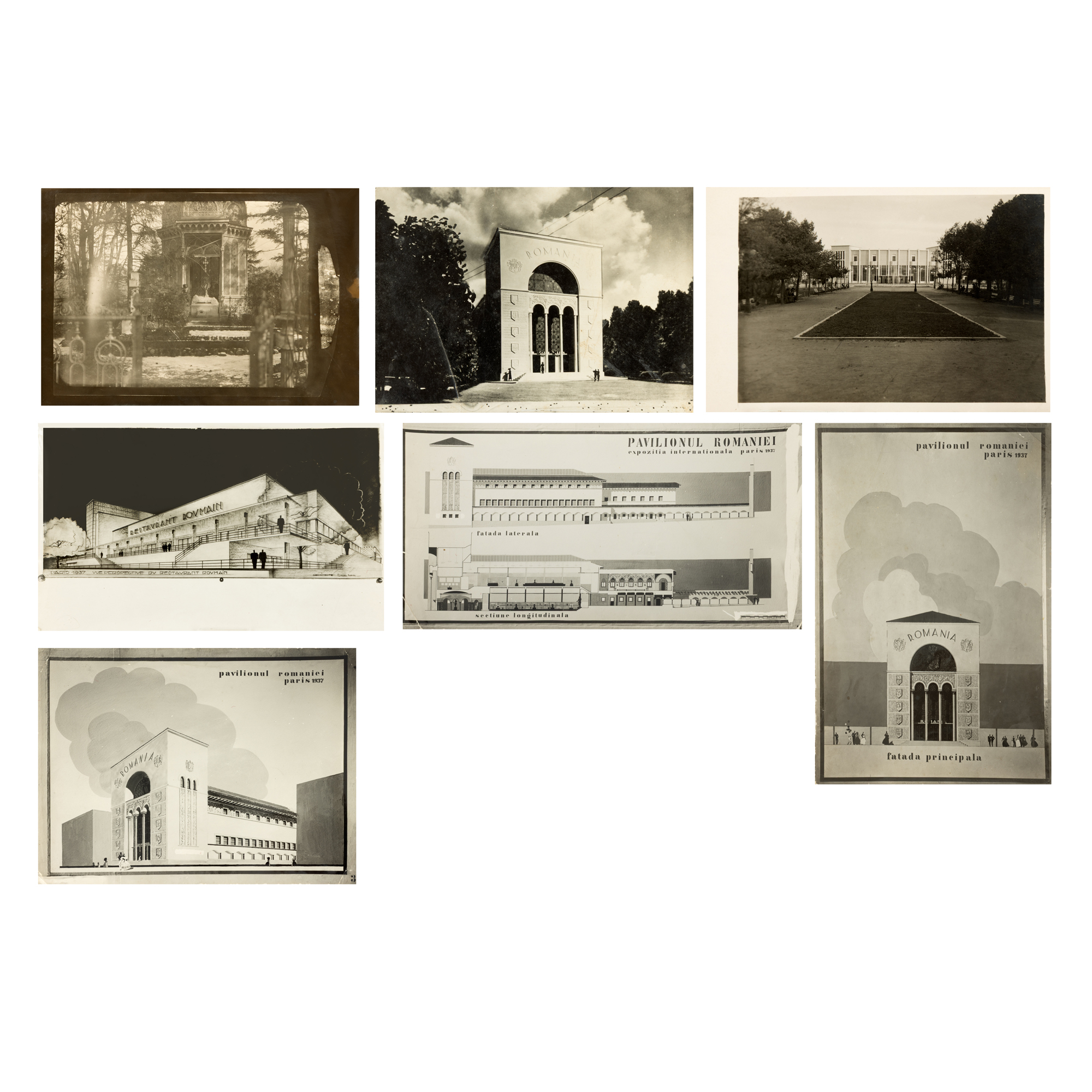Lot format din șapte fotografii ilustrând pavilionul României în cadrul Expoziției Universale de la Paris din 1937, provin din arhiva personală a artistului 