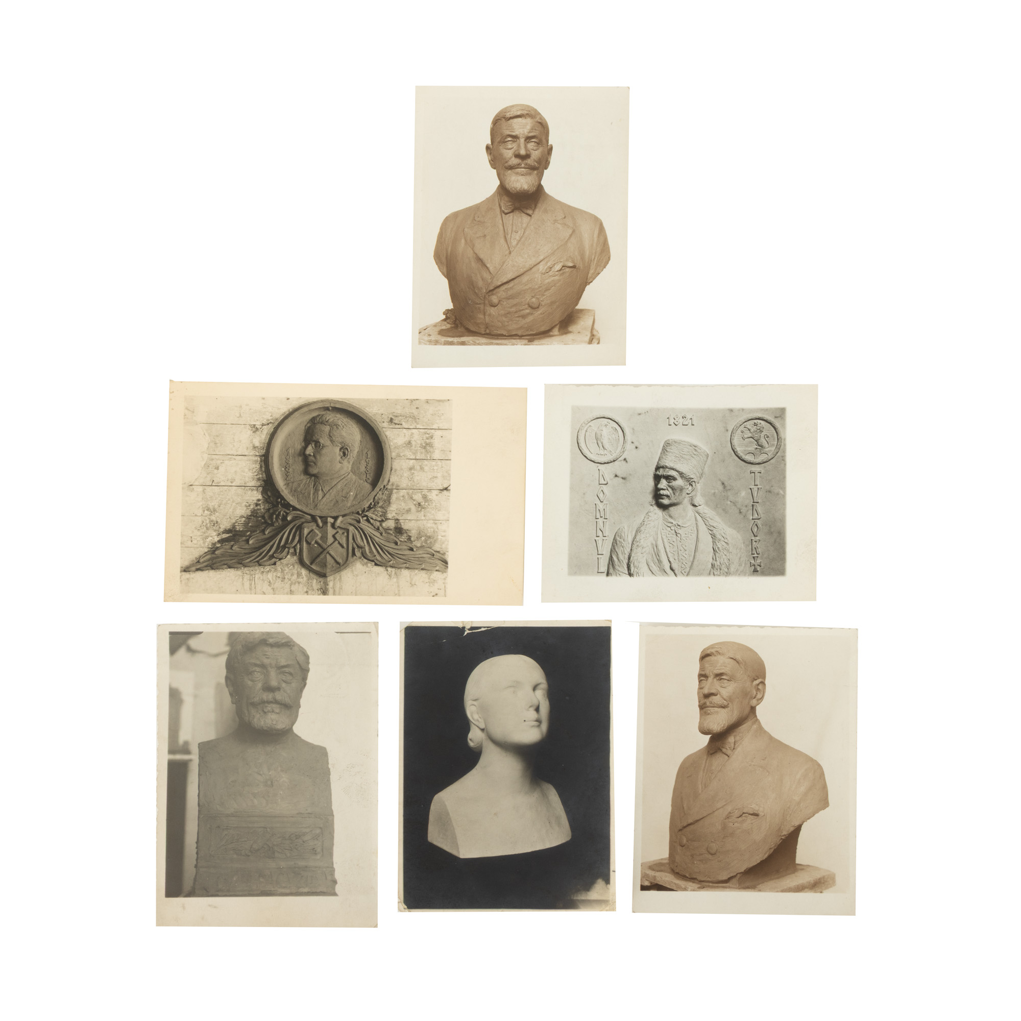 Lot consisting of six photographs illustrating different busts of personalities, among which Tudor Vladimirescu and Ion Cantacuzino, made by Emil W. Becker, M. Bilinsky photographic studio, Bucharest, interwar period, coming from the personal archive of the artist.