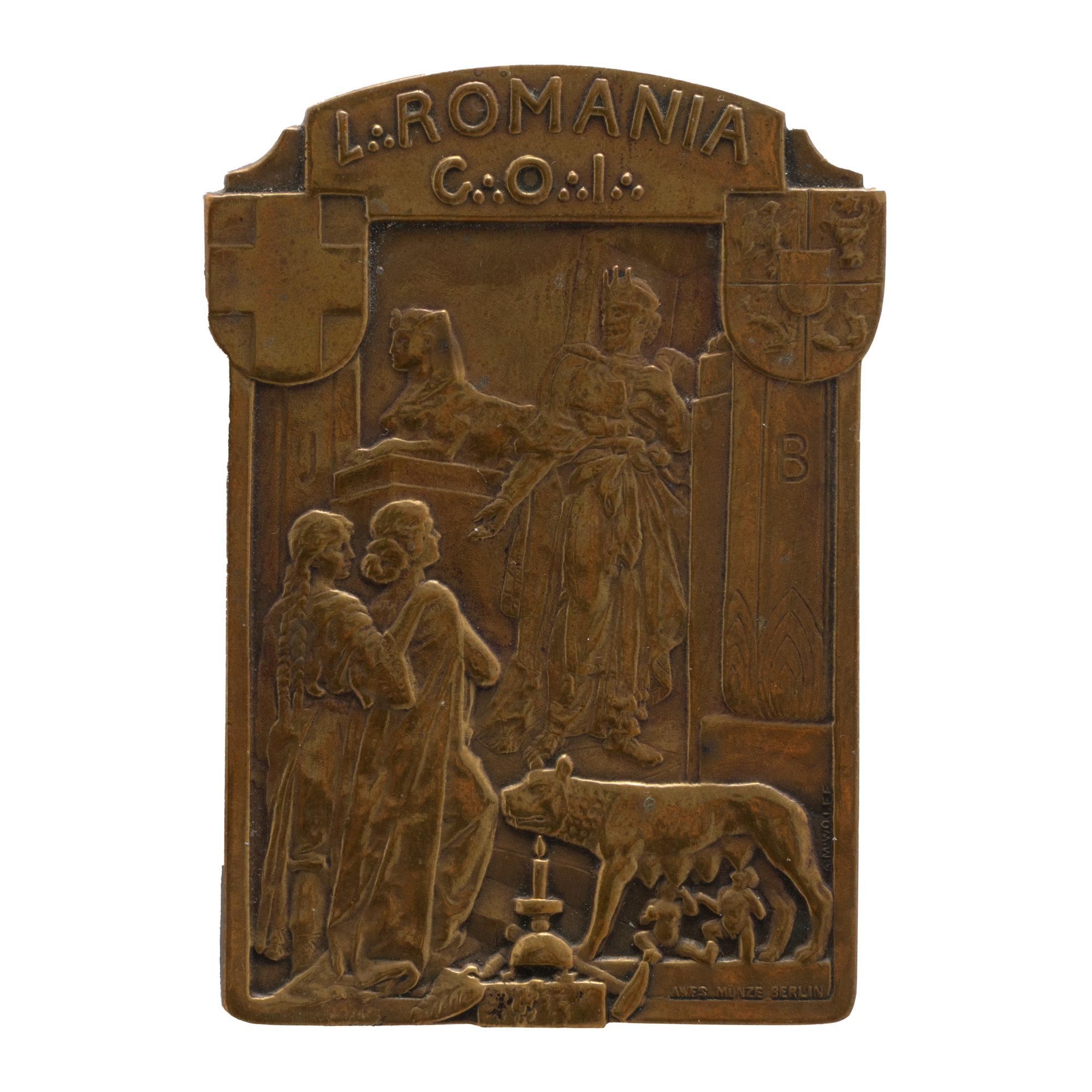 Lodge Plaque, "Romania Lodge, Grand Orient of Italy", engraver Awes Munze, Berlin, 1921, very rare piece