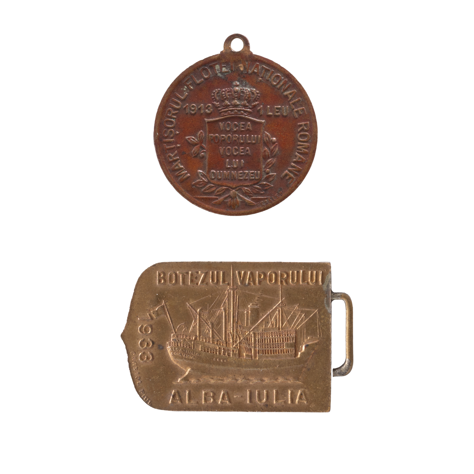 Lot format din mărțișor ”Flota Armatei Române”, gravor Anton Fessler, 1913, și mărțișor ”Botezul vaporului Alba-Iulia”, gravor Carniol fiul, 1933