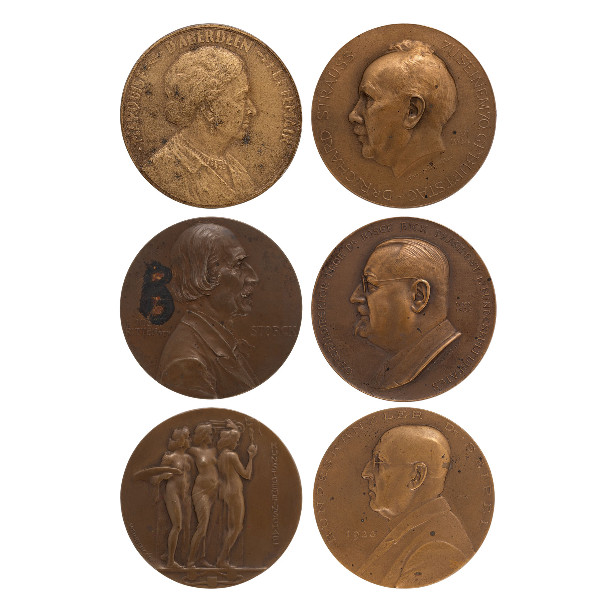 Set consisting of "Doctor Seipel" medal, engraver Richard Placht, 1923, "Professor Doctor Josef Bick" medal, engraver Arnold Harting, 1936, "Kunstgemeinschaft" medal, engraver Anton Rudolf Weinberger, first half of 20th century, "Josef Ritter von Storck" medal, engraver Anton Scharff, 1900, "Marchioness of Aberdeen & Temair" medal, engraver Emil Wilhelm Becker, and "Dr. Richard Strauss" medal, engraver Josef Tautenhayn Jr., 1934