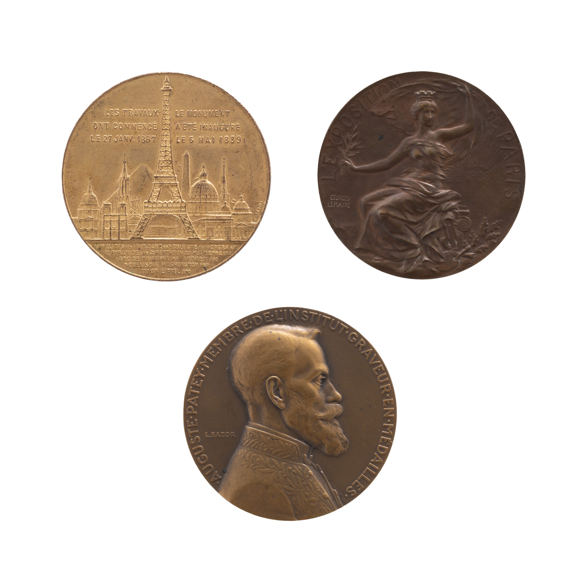 Lot format din medalie ”August Patey”, gravor Lucien Georges Bazor, cca. 1930, medalie ”Expoziția de la Paris”, gravor Georges Lemaire, 1900, și medalie ”Turnul Eiffel”, gravor Charles Trotin, 1889