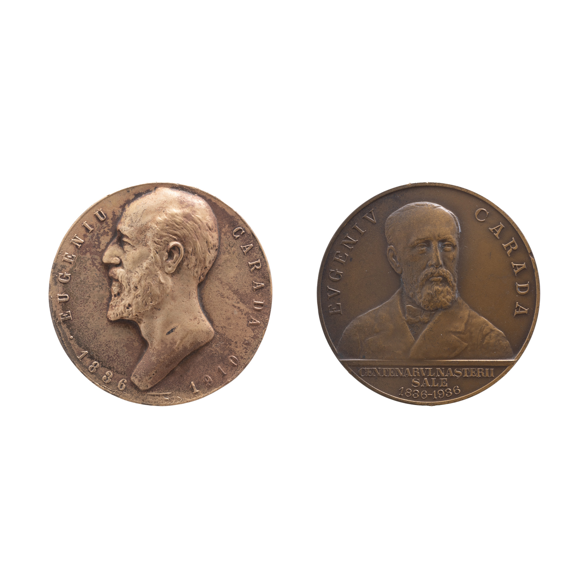 Lot consisting of "Eugeniu Carada 1836-1910" medal, approx. 1910, and "Centenary of Eugeniu Carada's birth" medal, engraver Emil Wilhelm Becker, 1936