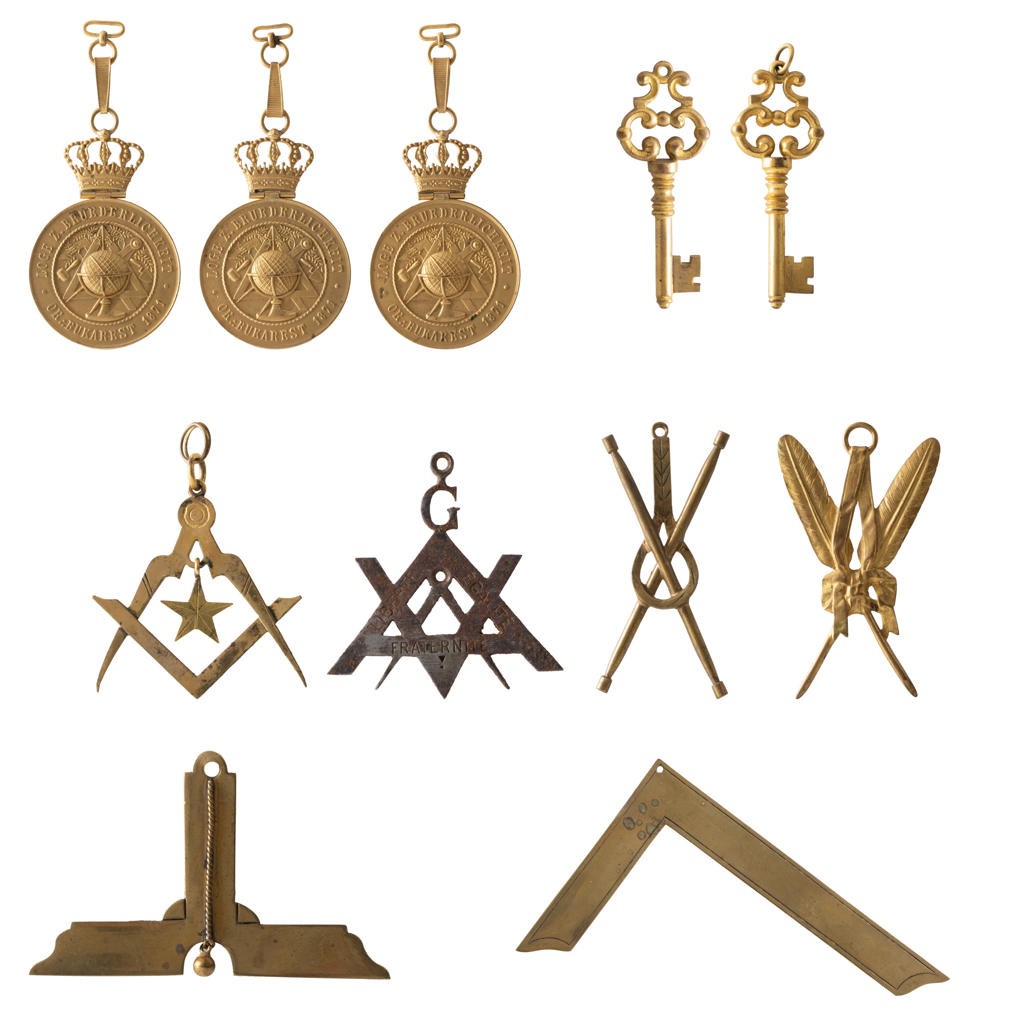Lot consisting of three decorations and eight masonic officer's collar jewels, from the Brotherhood lodge in Bucharest, 1871