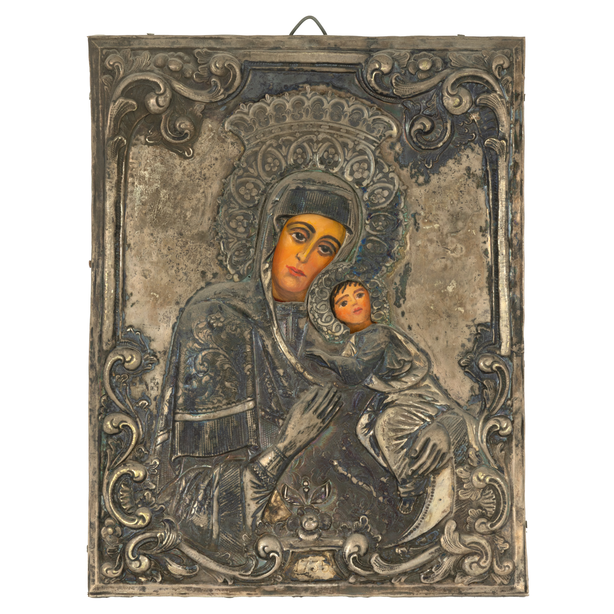 Icoană pe lemn, cu ferecătură din argint, "Maica Domnului cu Pruncul”, școală românească, sfârșitul sec. XIX-începutul sec. XX, provine din colecția sculptorului Emil Wilhelm Becker