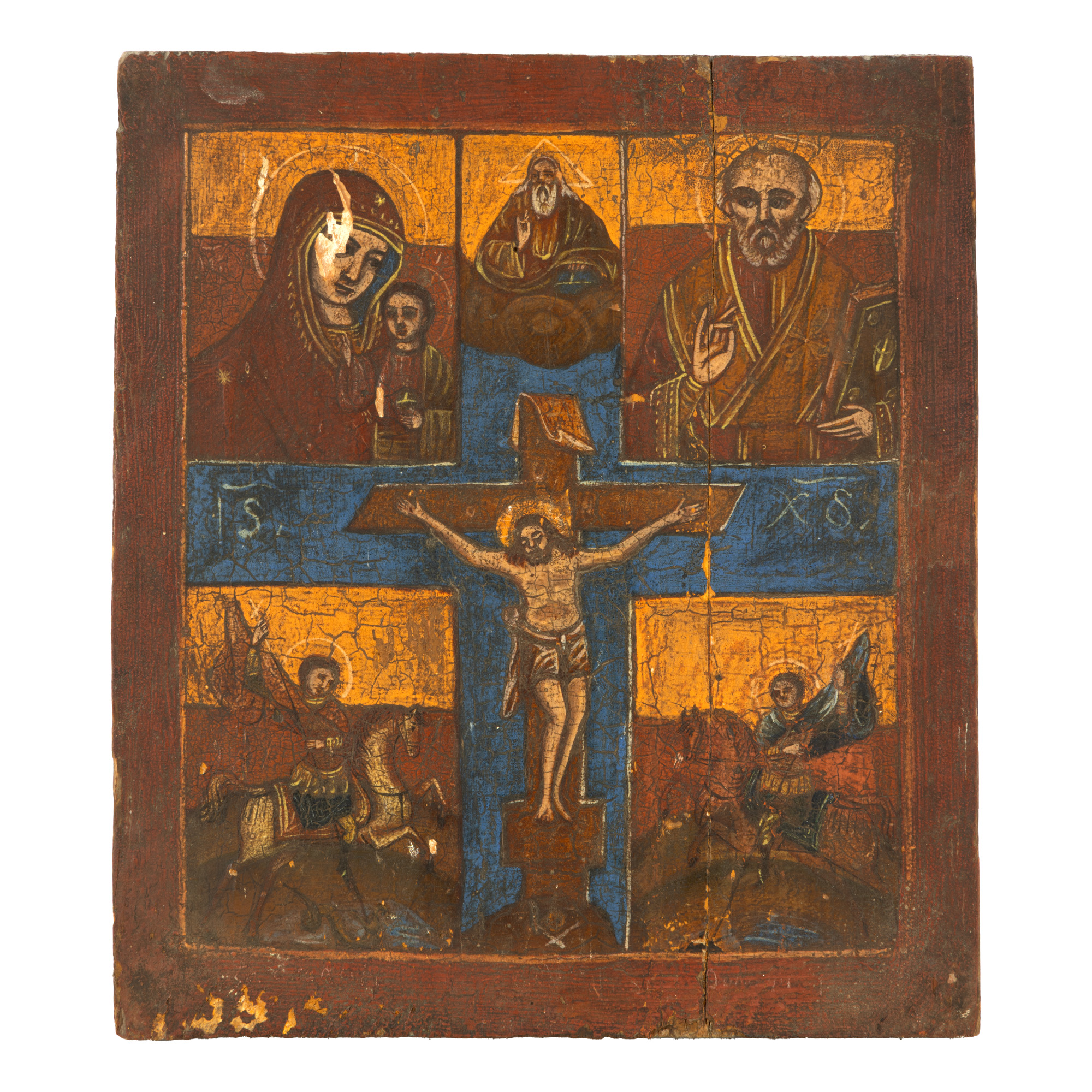 Icon on wood, in four registers "Mother of God with the Infant, Saint Nicholas, Saint George and Saint Dimitri", Romanian school, 20th century, comes from the collection of sculptor Emil Wilhelm Becker.