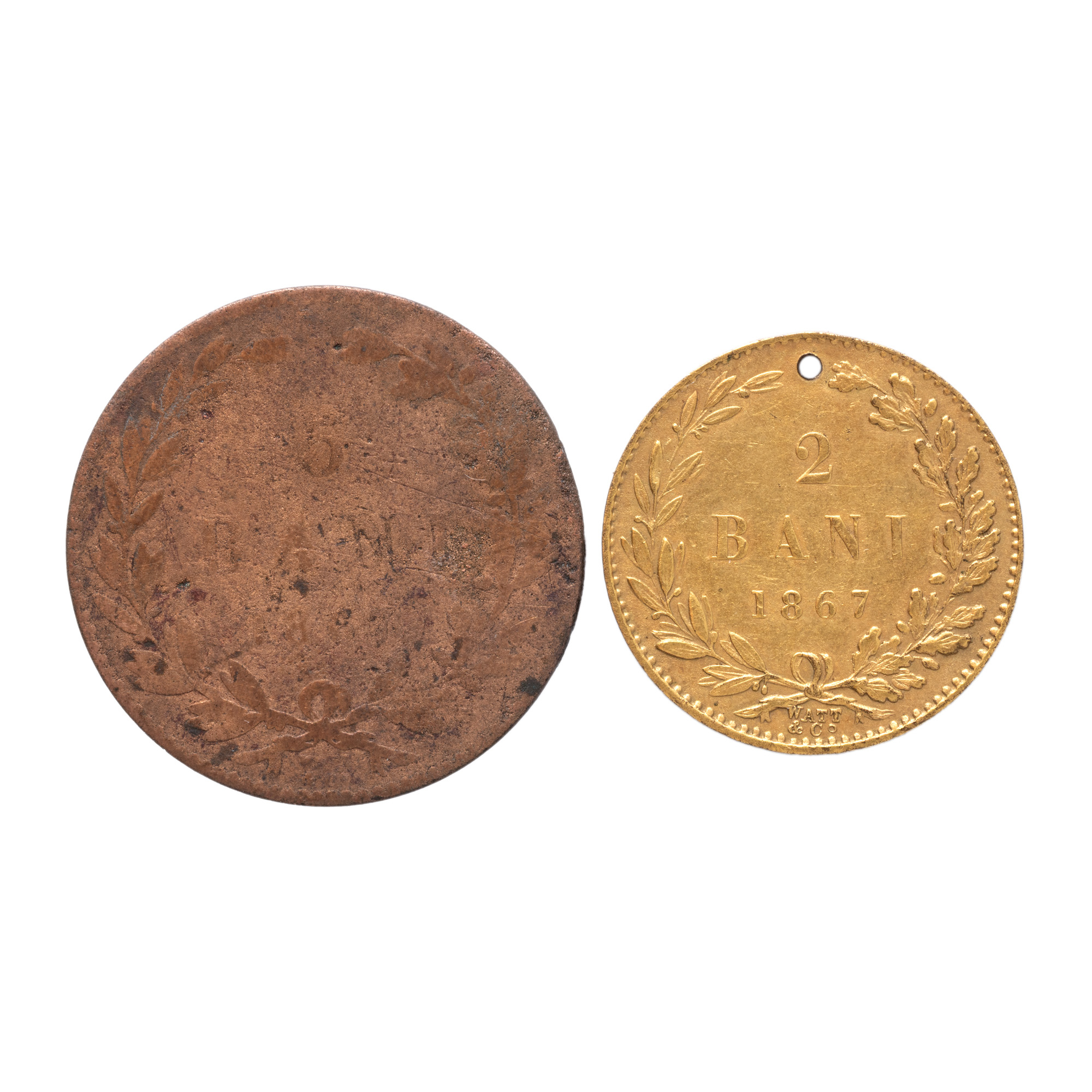 Lot consisting of two coins 2 Bani, 5 Bani, Carol I, 1867