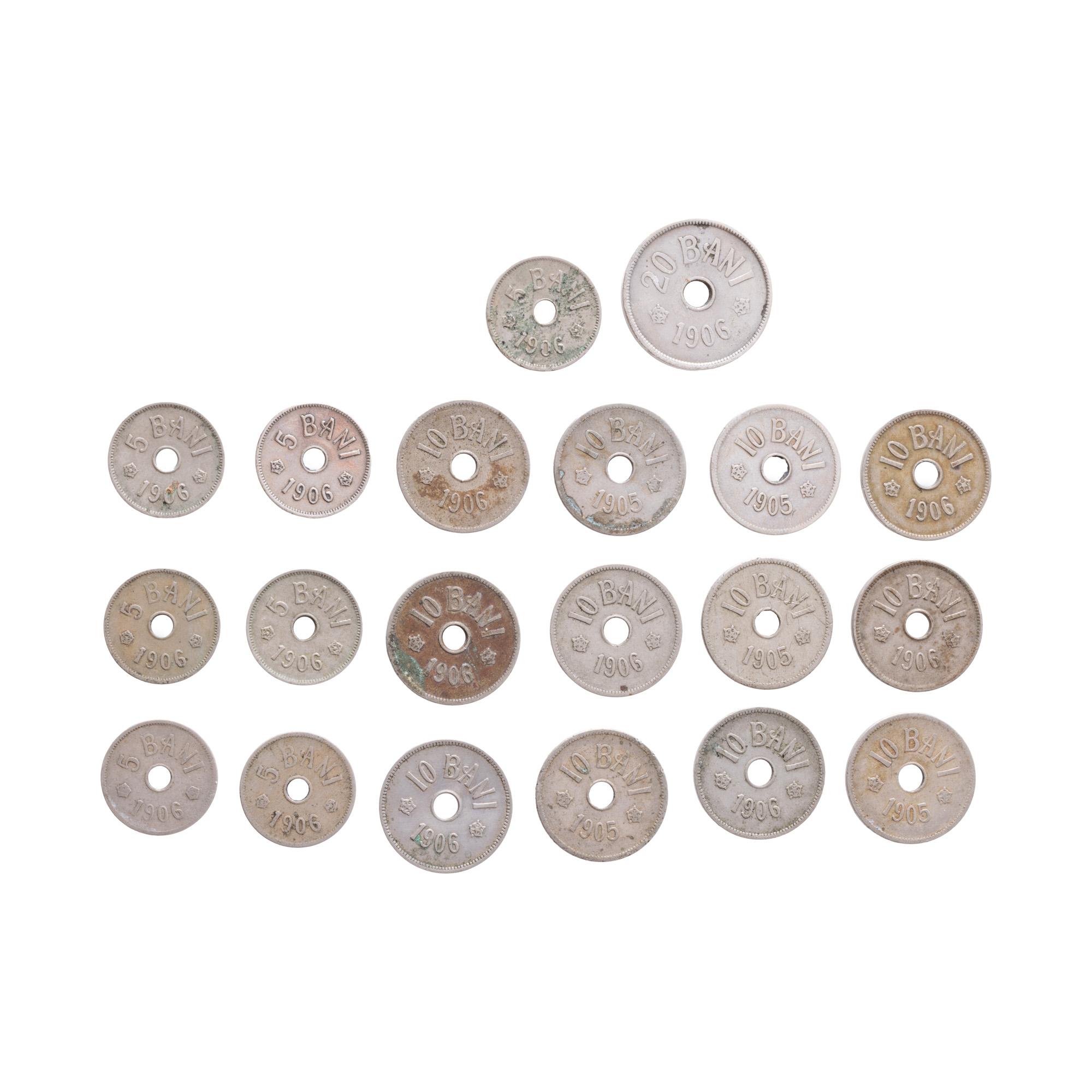 Lot consisting of 20 coins 5 Bani, 10 Bani, 20 Bani, Carol I, 1905-1906