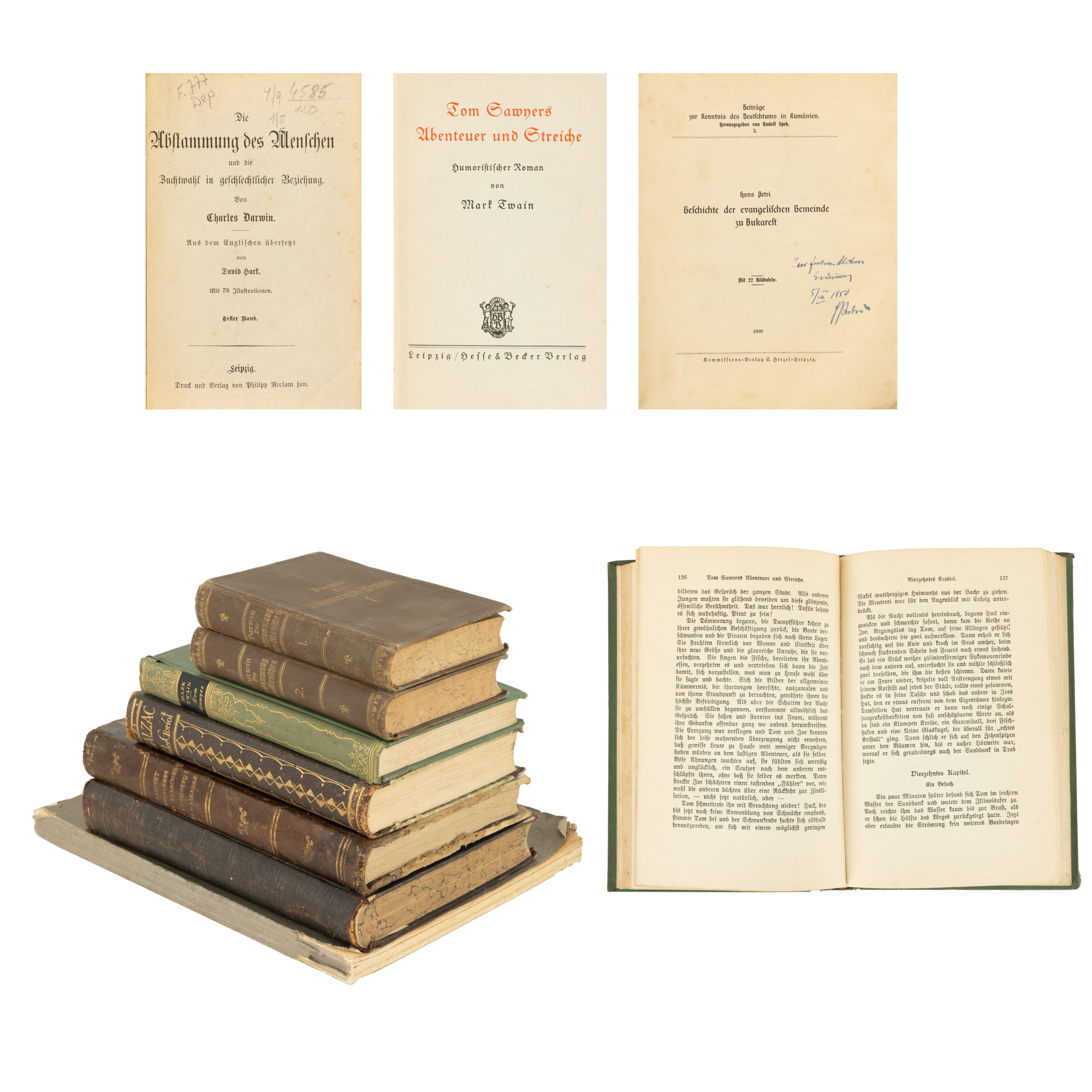 Lot consisting of "Descent of Man and Sexual Selection" by Charles Darwin, volumes I and II, German, Leipzig, 1890/1910, "Tom Sawyer" by Mark Twain, German, Leipzig,1922, "Father Goriot" by Honoré de Balzac, German, Berlin, 1923, "Problems and exercises in arithmetic and algebra" by Hippolyte Sonnet, part I, French, Paris, 1858, "Old Testament" translator Martin Luther, German, Bremen, 1912, "The history of the evangelical community in Bucharest" by Hans Petri, German, Leipzig, 1939.