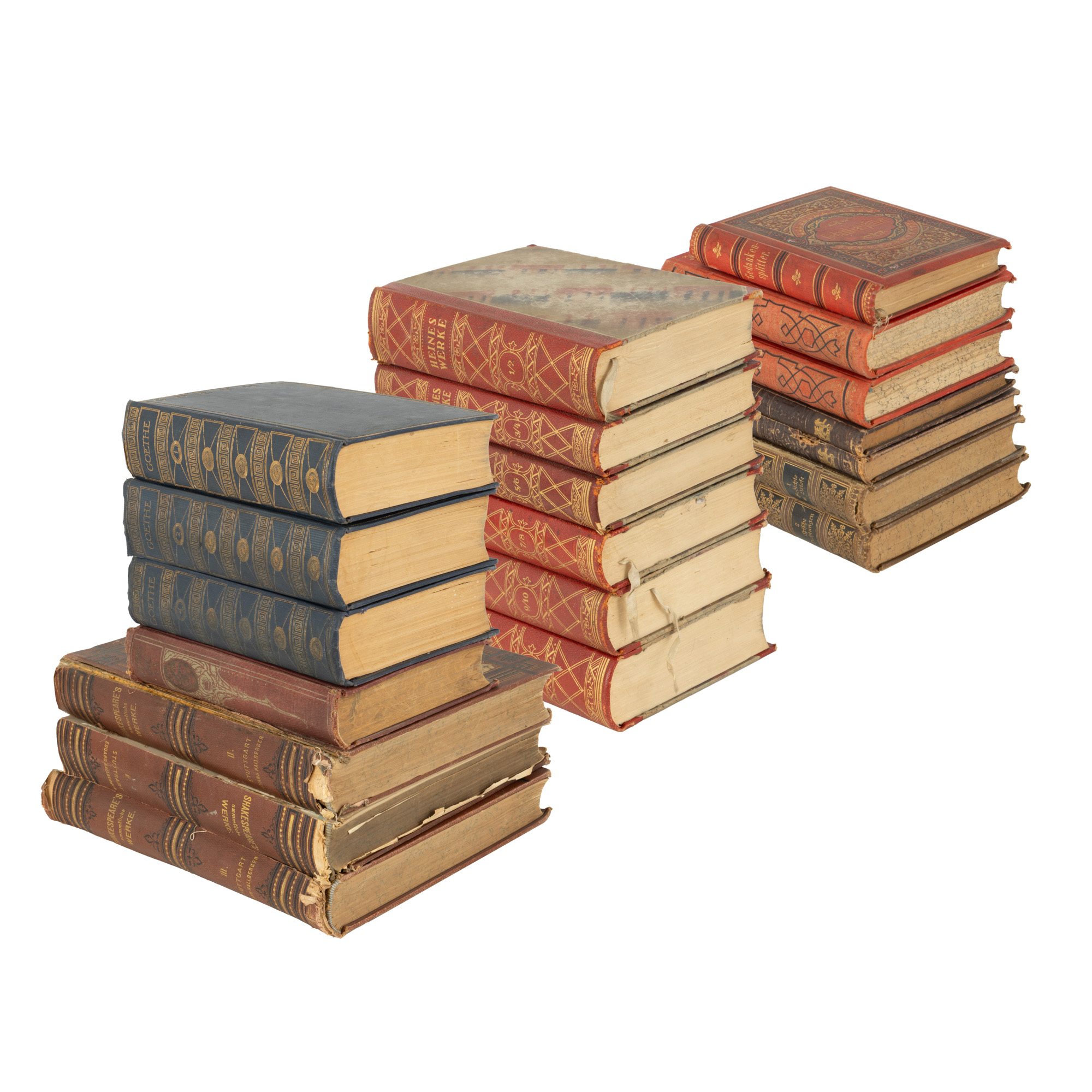 Set consisting of "Heine's Works" editor Ewald R. Boude, 12 volumes bound, German, Berlin, 1920, "Complete Works of Lenau", volumes I and II, German, Leipzig, beginning of the 20th century, "Shakespeare's Works", translator A.W. Schlegel, German, volumes I-III, Leipzig, 1880, "Gedankensplitter", second edition, German, Munich, 1889, with handwritten dedication, "Writings of M.G. Saphir. Complete Edition" volumes IX and XXV, German, Brunn, Vienna, Leipzig, 1900, "Complete Works of Lessing" editor Hugo Goring, German, volume XVII, Stuttgart, end of the 19th century, "Life of Lessing" by Hugo Goring, German, Stuttgart, end of the 19th century, "Faust" by Johann Wolfgang von Goethe, German, Berlin, beginning of the 20th century, "Goethe's Works in 16 volumes", volumes I, V, XIII, German, Berlin, Leipzig, 1910.