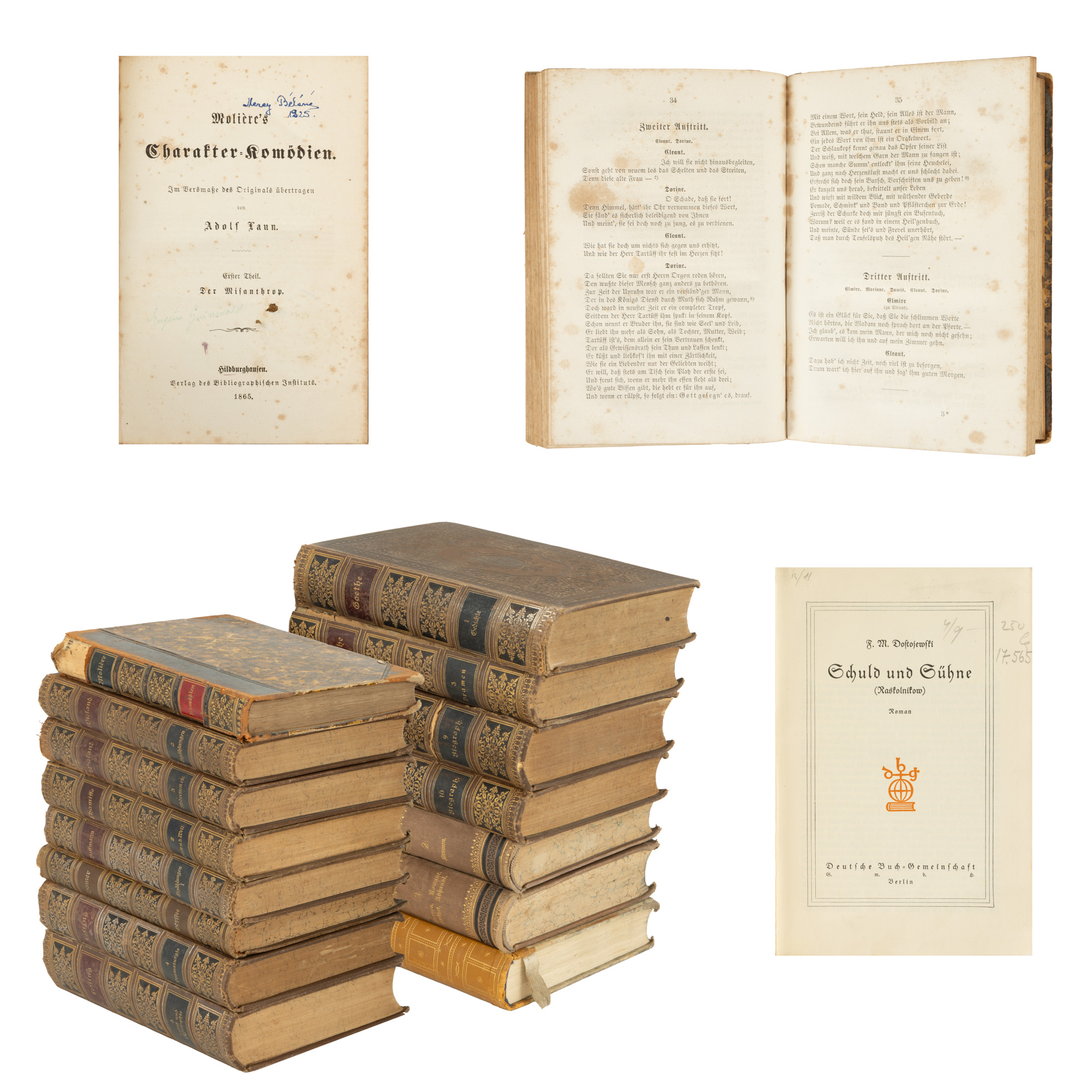 Lot composed of "Works of Schiller", edited by Heinrich Kurz, volumes II and III, German, Leipzig, second half of the 19th century, "Crime and Punishment" by Fyodor Dostoevsky, German, Berlin, interwar period, "Works of Wieland" edited by Heinrich Kurz, volumes II and III, German, Leipzig, end of the 19th century, "Works of Goethe", editor Heinrich Kurz, volumes I, III, IX, X, German, Leipzig, end of the 19th century, "Works of Lessing", editor Franz Bornmuller, volumes IV and V, German, Leipzig, Vienna, end of the 19th century, "Character Comedies of Molière", translator Adolf Laun, German, Hildburghausen, 1865, "Works of Chamisso" editor Heinrich Kurz, volume II, German, Leipzig, end of the 19th century, "Works of Hoffmann" editor Heinrich Kurz, volume I, German, Leipzig, end of the 19th century, "Odyssey" by Homer, German, Leipzig, Vienna, 1878.