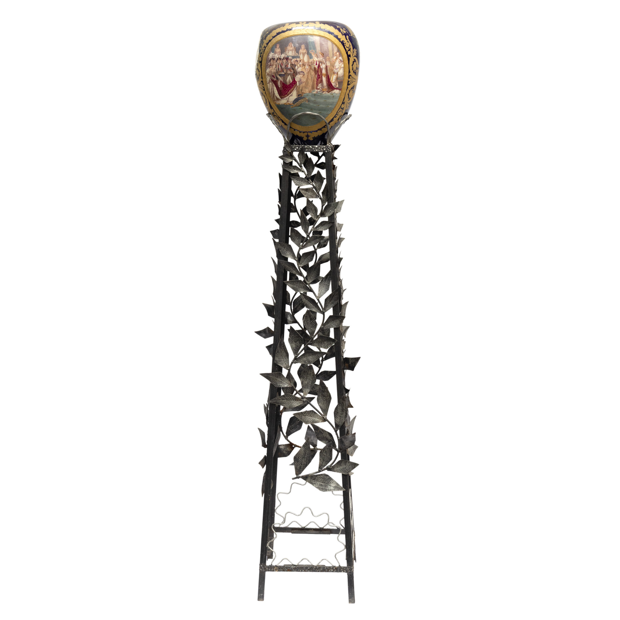 Edgar Brandt style support, made of forged iron, decorated with a porcelain vessel, circa 1930