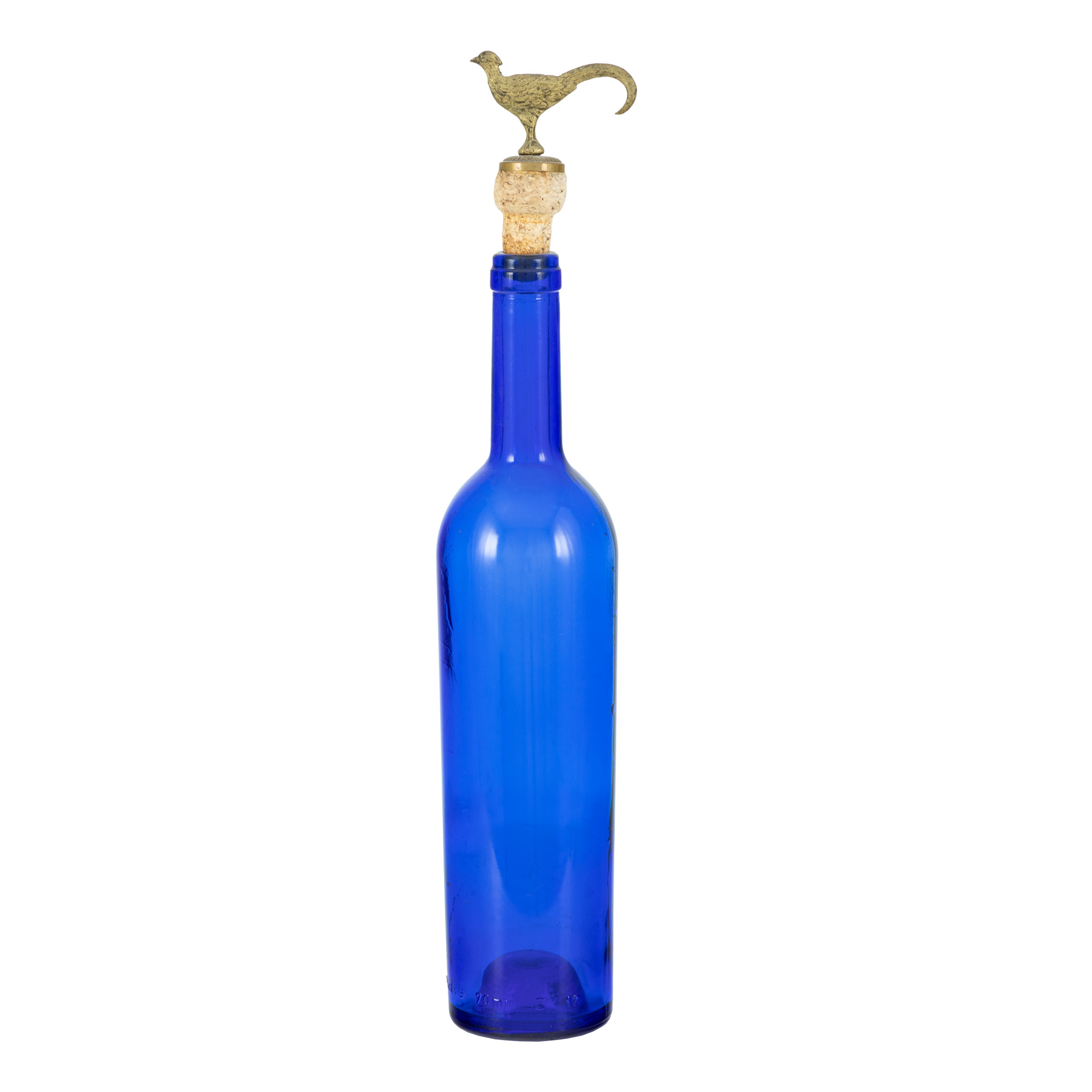Sticlă cobalt decorativă, însoțită de dop decorat cu ibis