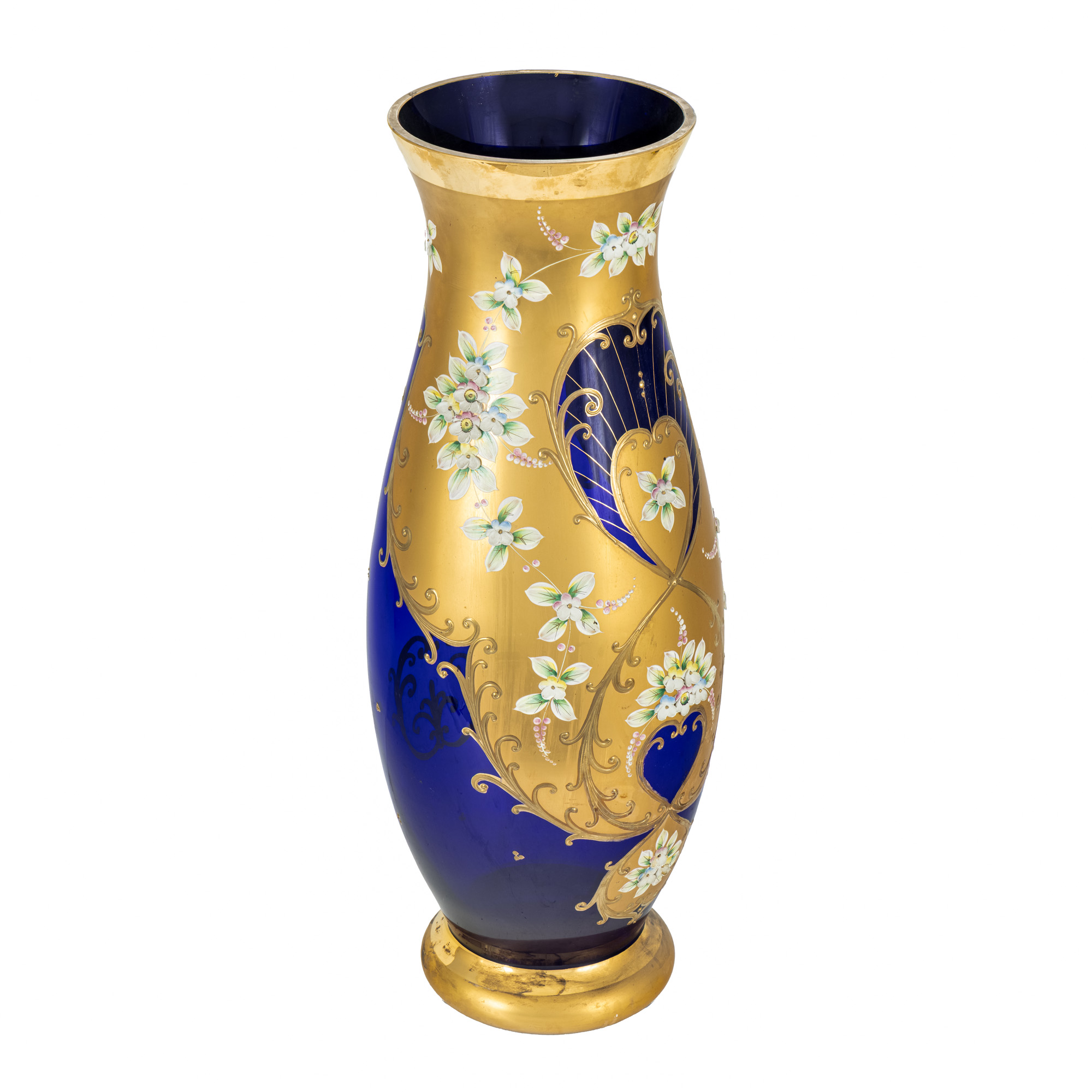 Cobalt glass vase, decorated with gold overlay and floral enamel motifs, handmade, circa 1945