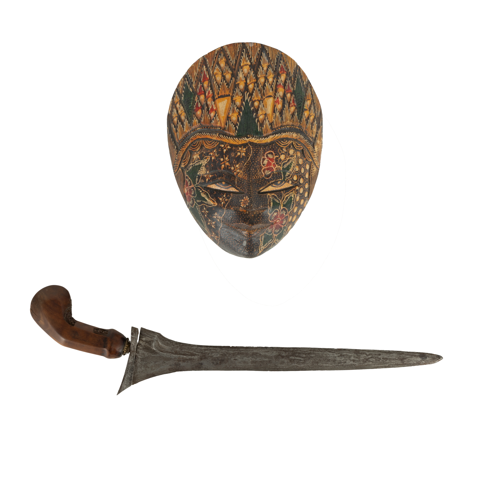 Lot consisting of an Indonesian mask painted in batik technique and a kriss dagger, Indonesia, 19th Century