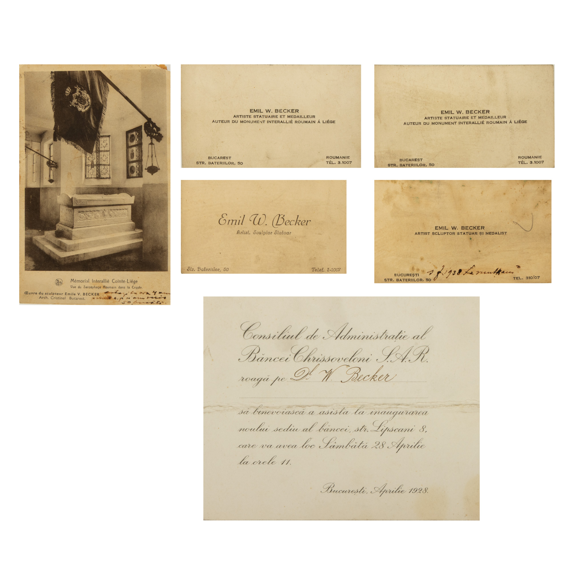 Lot format din patru cărți de vizită Emil W. Becker, telegramă Emil W. Becker către Maria Becker, 1936, invitație la inaugurarea noului sediu al băncii Chrissoveloni, 1928