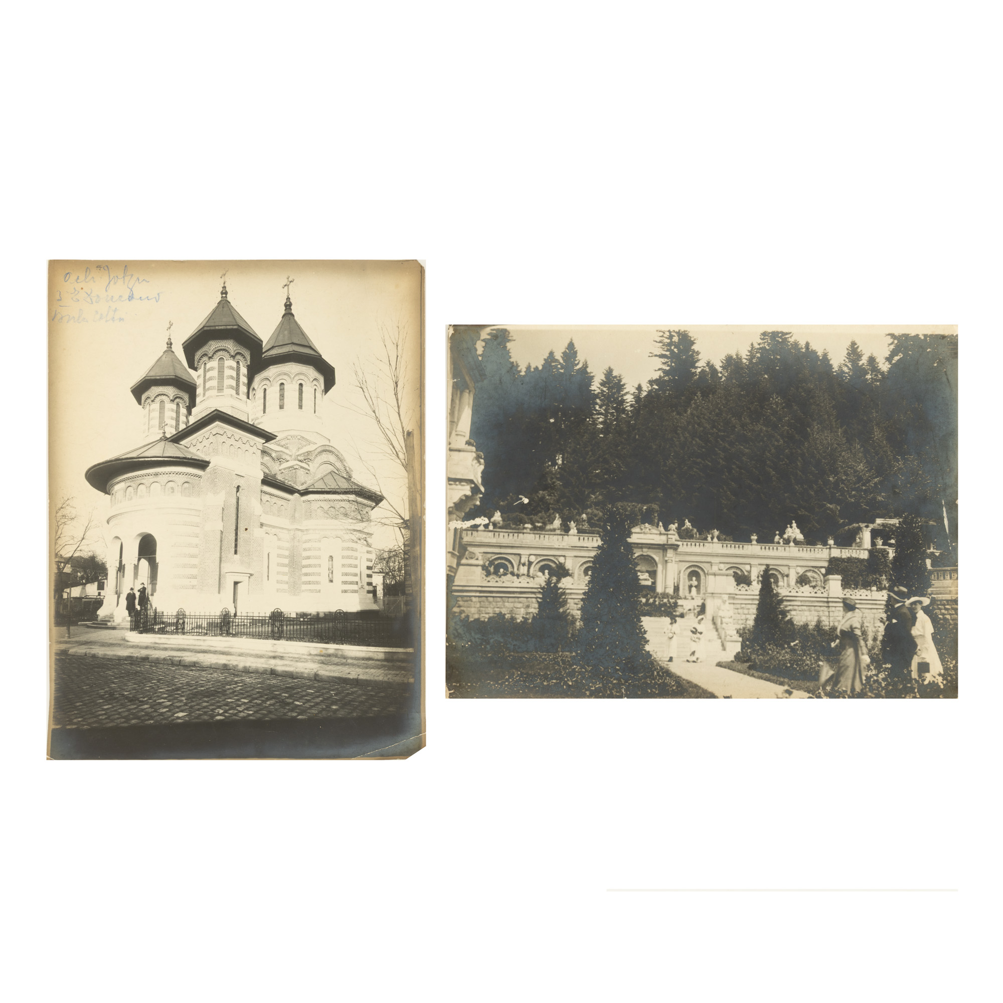 Lot consisting of two photographs illustrating Visarion Church and the gardens of Peles Castle, from the archive of Emil W. Becker.