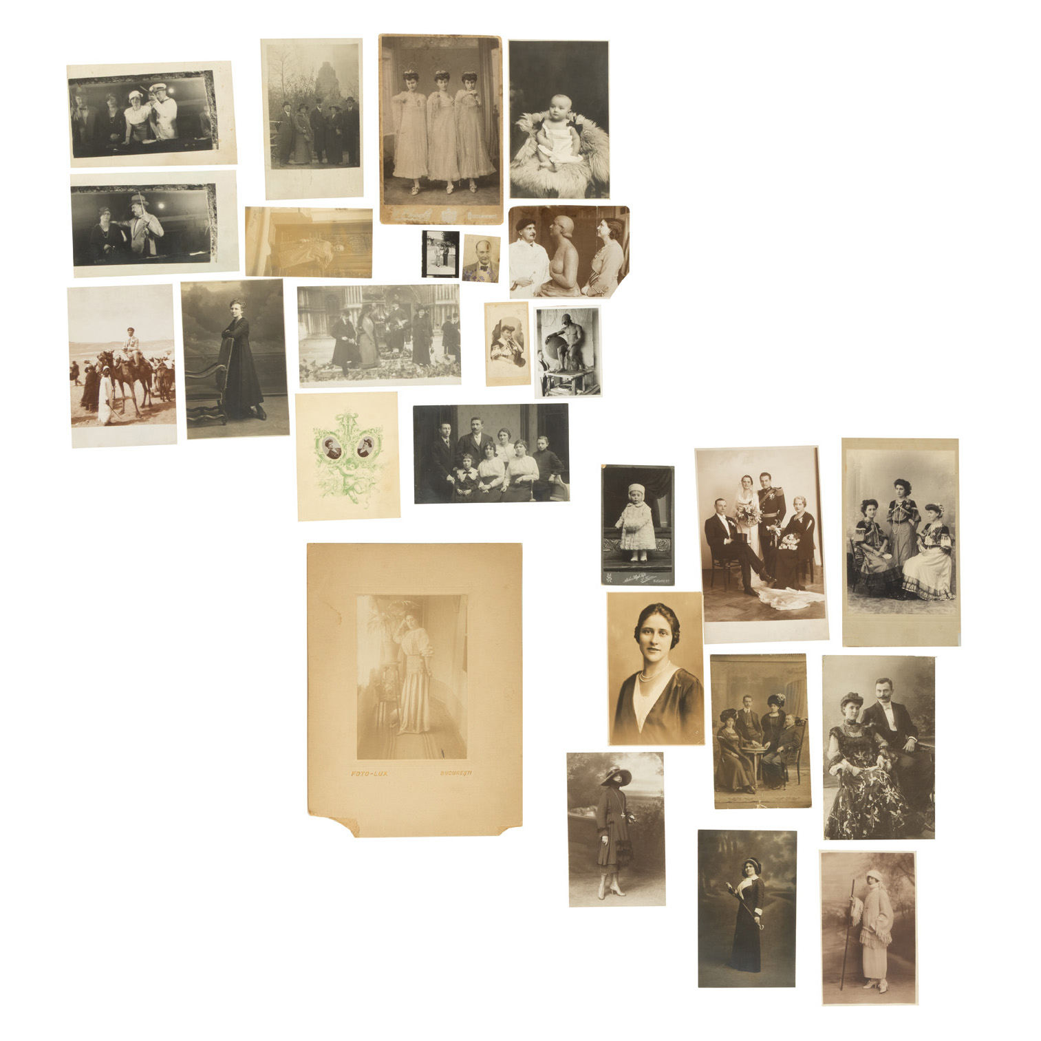 Lot consisting of 26 family photographs, Foto-Lux studio, Bucharest, Albert Baer studio, Bucharest, High-Life studio, Bucharest, L. Waisman studio, Bucharest, Julietta studio, Bucharest, W. Oppell studio, Bucharest, Alfons Ebner studio, Bucharest, Artistic photography publishing M.K. Dudinsky, Craiova, M. Bilinski studio, Bucharest, Baraschy studio, Bucharest, 1900-1940