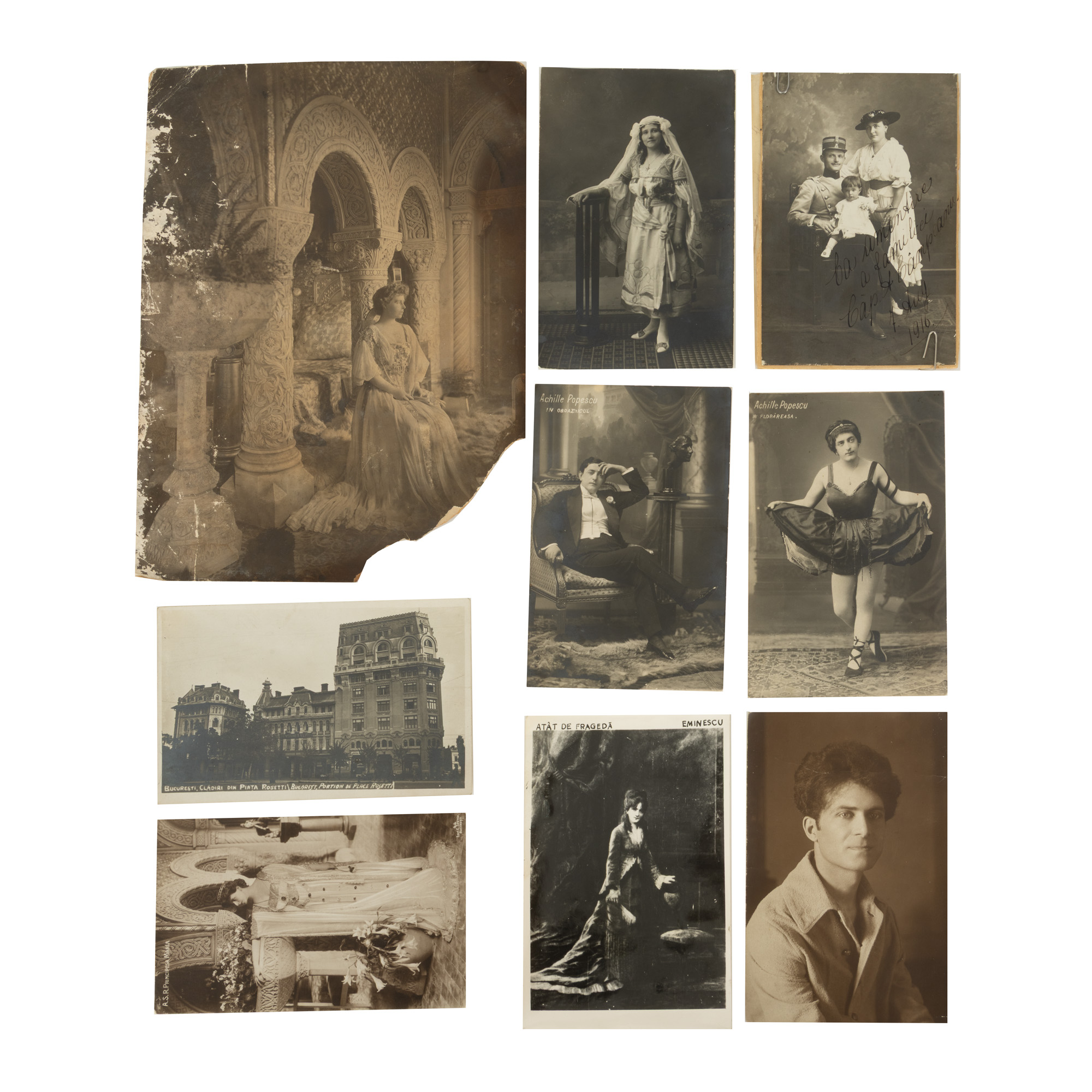 Lot consisting of nine photographs depicting Queen Maria, C. Sfetea Publishing House, Bucharest, actor Achille Popescu, Captain A. Câmpeanu, buildings from Rosetti Square in Bucharest, 1916-1930.