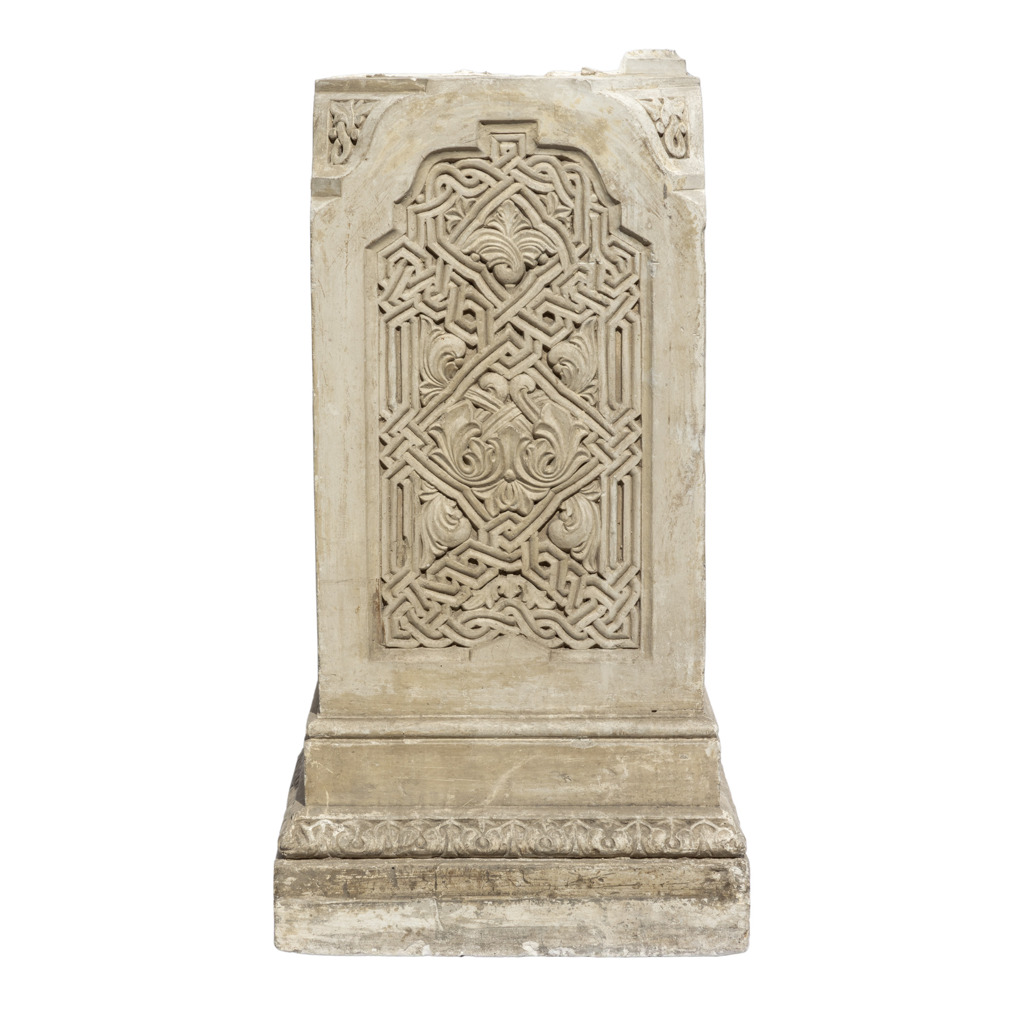 Neo-Romanian style pedestal, decorated with interlaces and stylized vegetal elements
