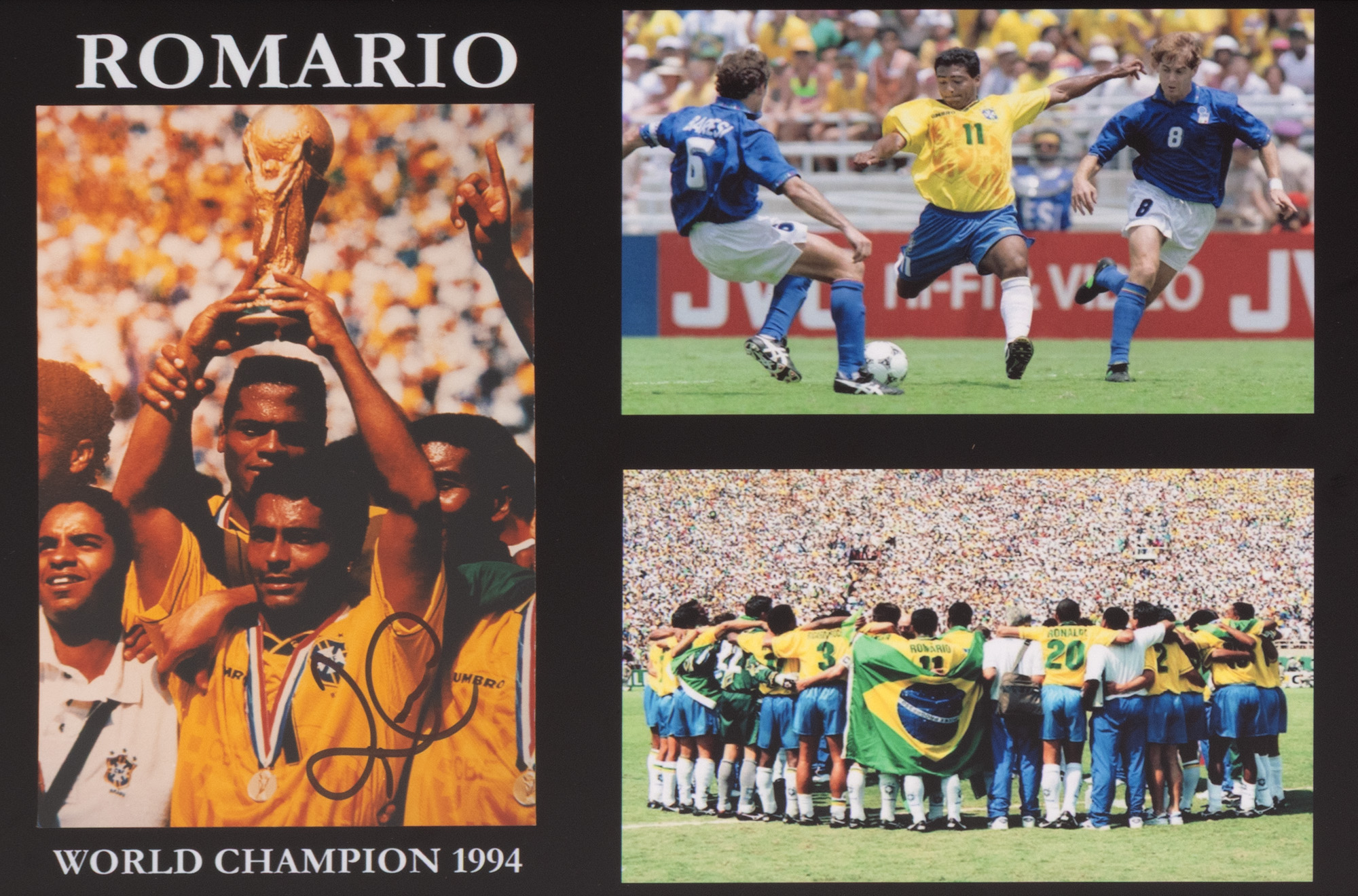 Fotografie ilustrându-l pe Romário de Souza Faria ("Romario"), la Campionatul Mondial din 1994, cu semnătura olografă a acestuia, înrămată