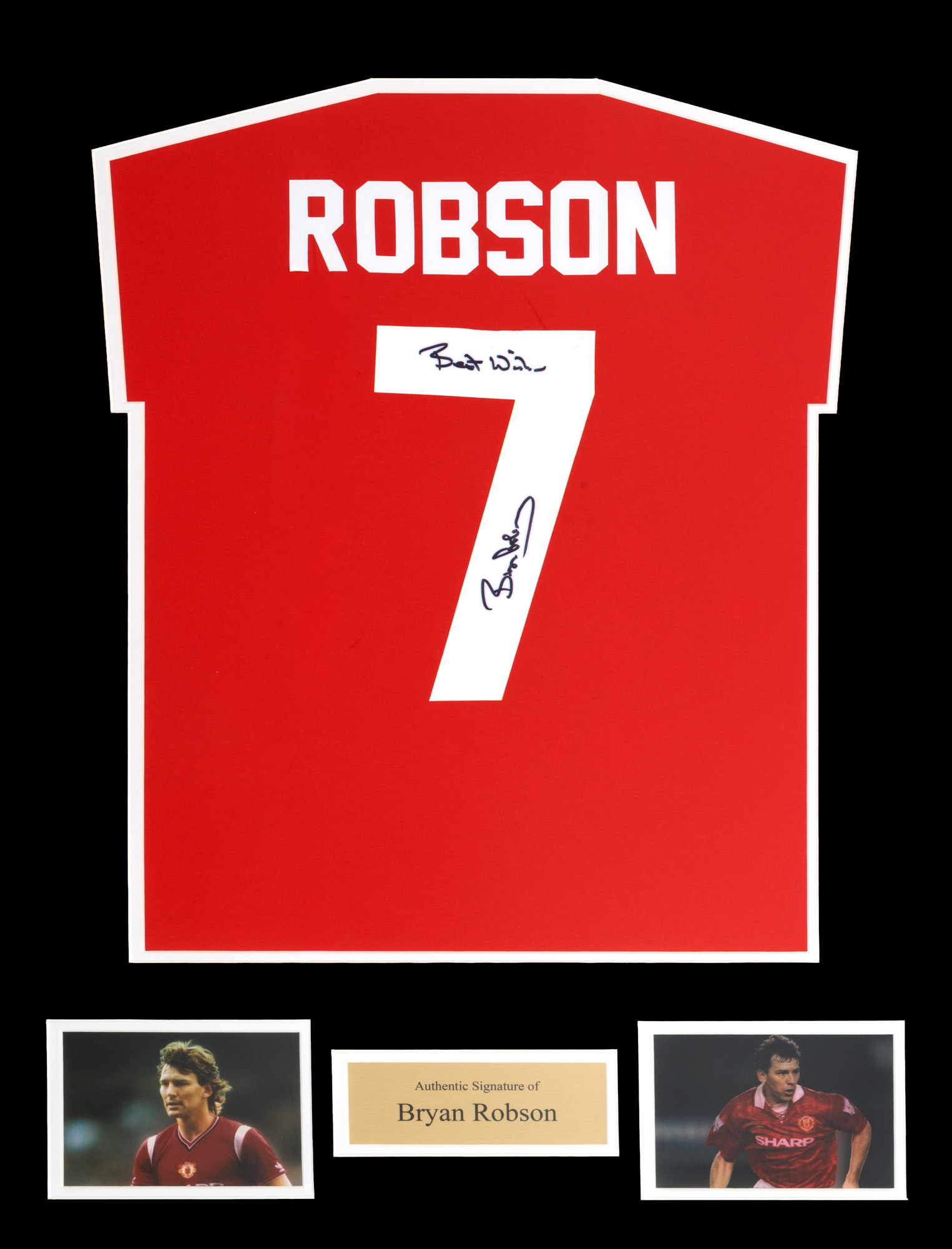 Tricou Manchester United, cu semnătura olografă a lui Bryan Robson, înrămat