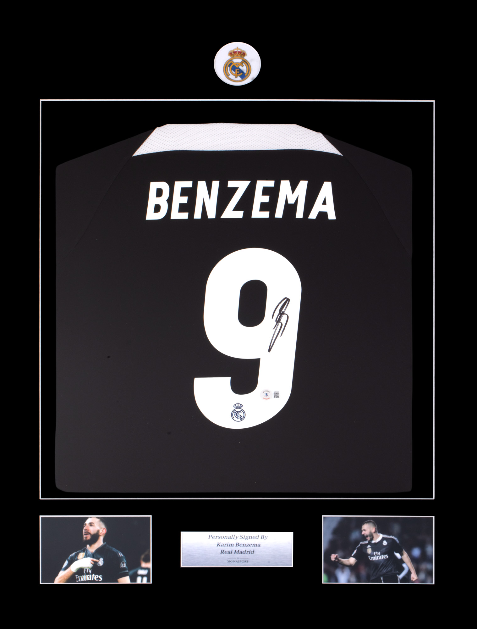 Framed Real Madrid T-shirt, with holographic signature of Karim Benzema