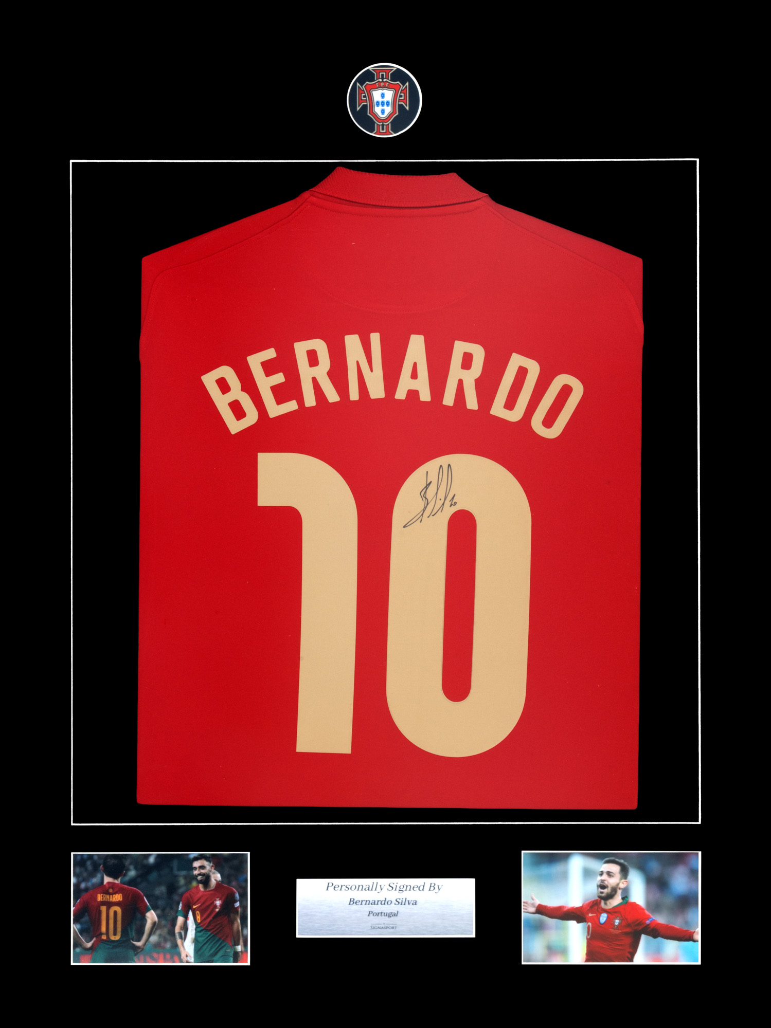 Tricou al echipei naționale a Portugaliei, cu semnătura olografă a lui Bernardo Silva, înrămat