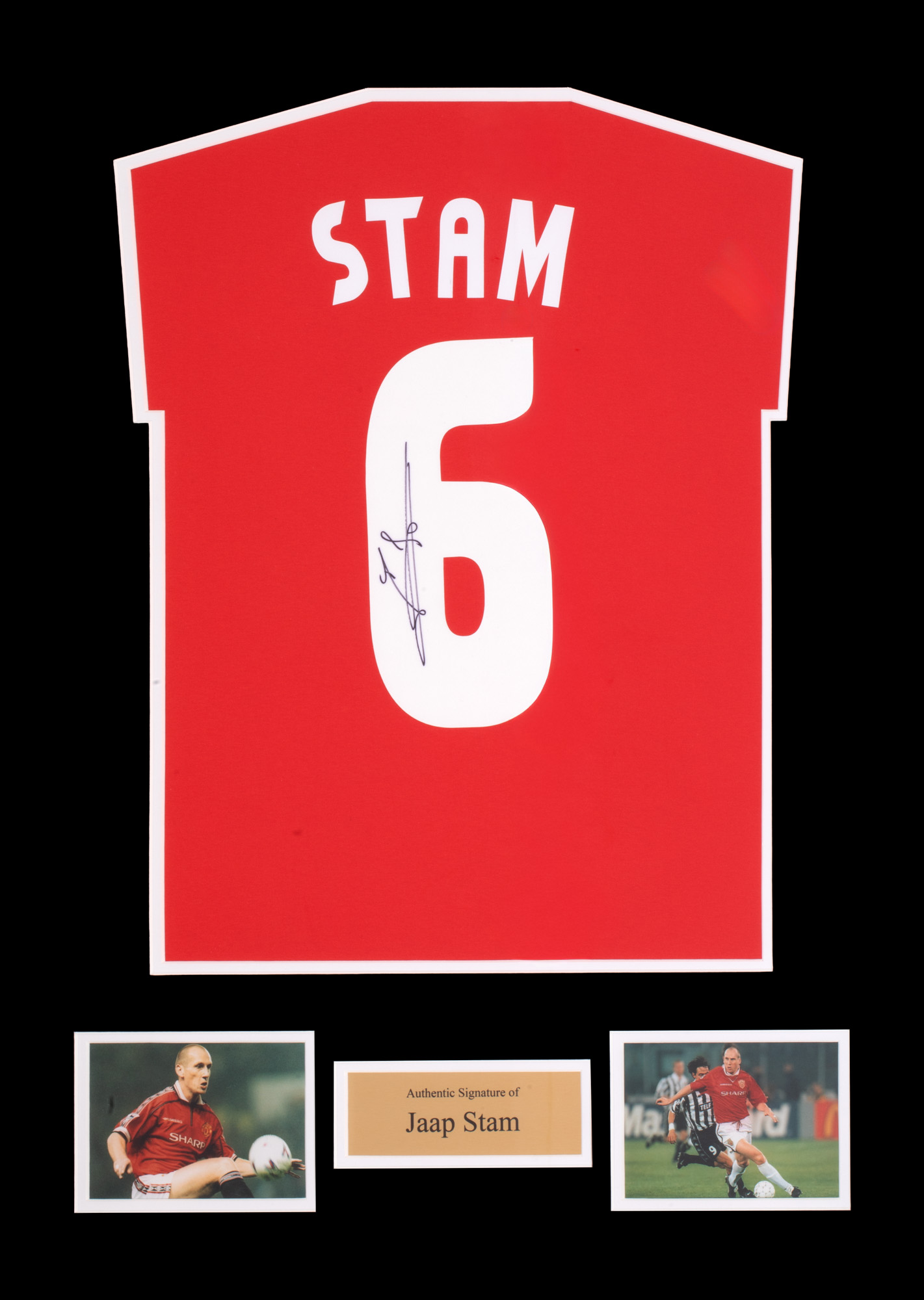 Framed Manchester United T-shirt, with Jaap Stam's holographic signature