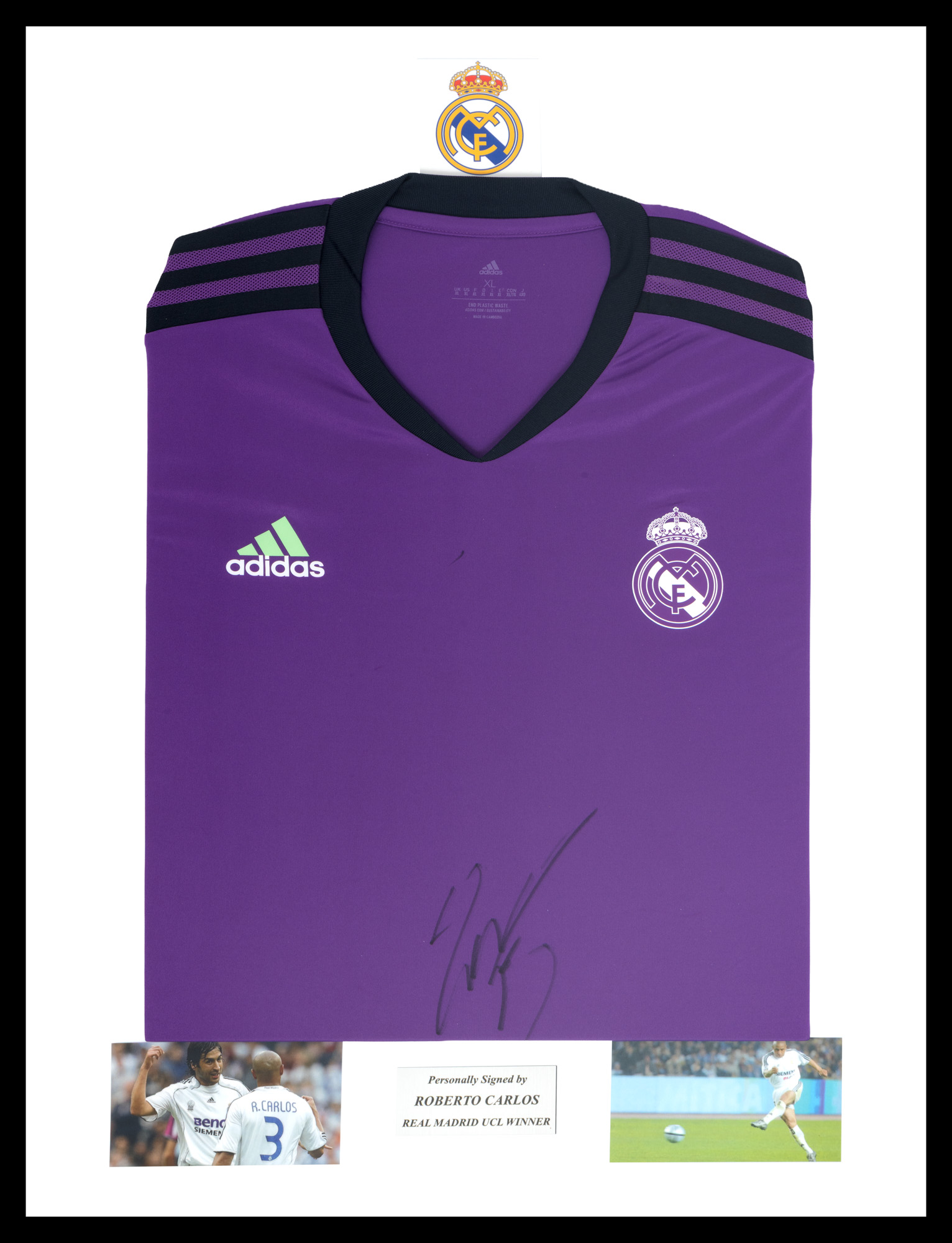 Framed Real Madrid t-shirt, with Roberto Carlos' holographic signature