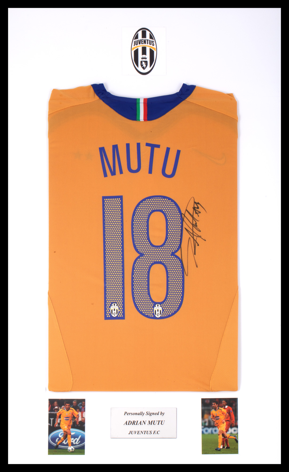 F.C. Juventus T-shirt, with Adrian Mutu's holographic signature, framed