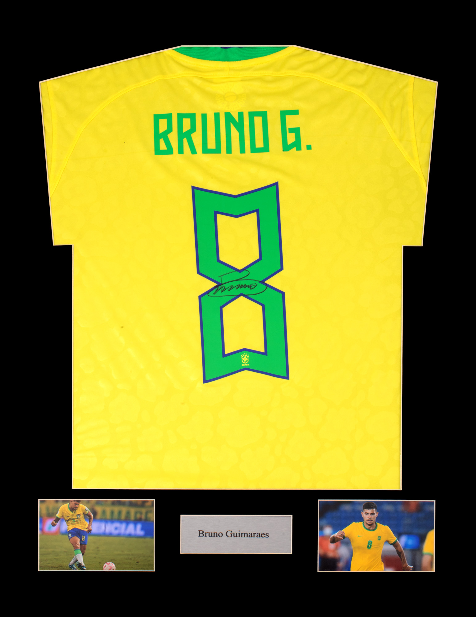 Brazilian national team shirt, with handwritten signature of Bruno Guimaraes, framed