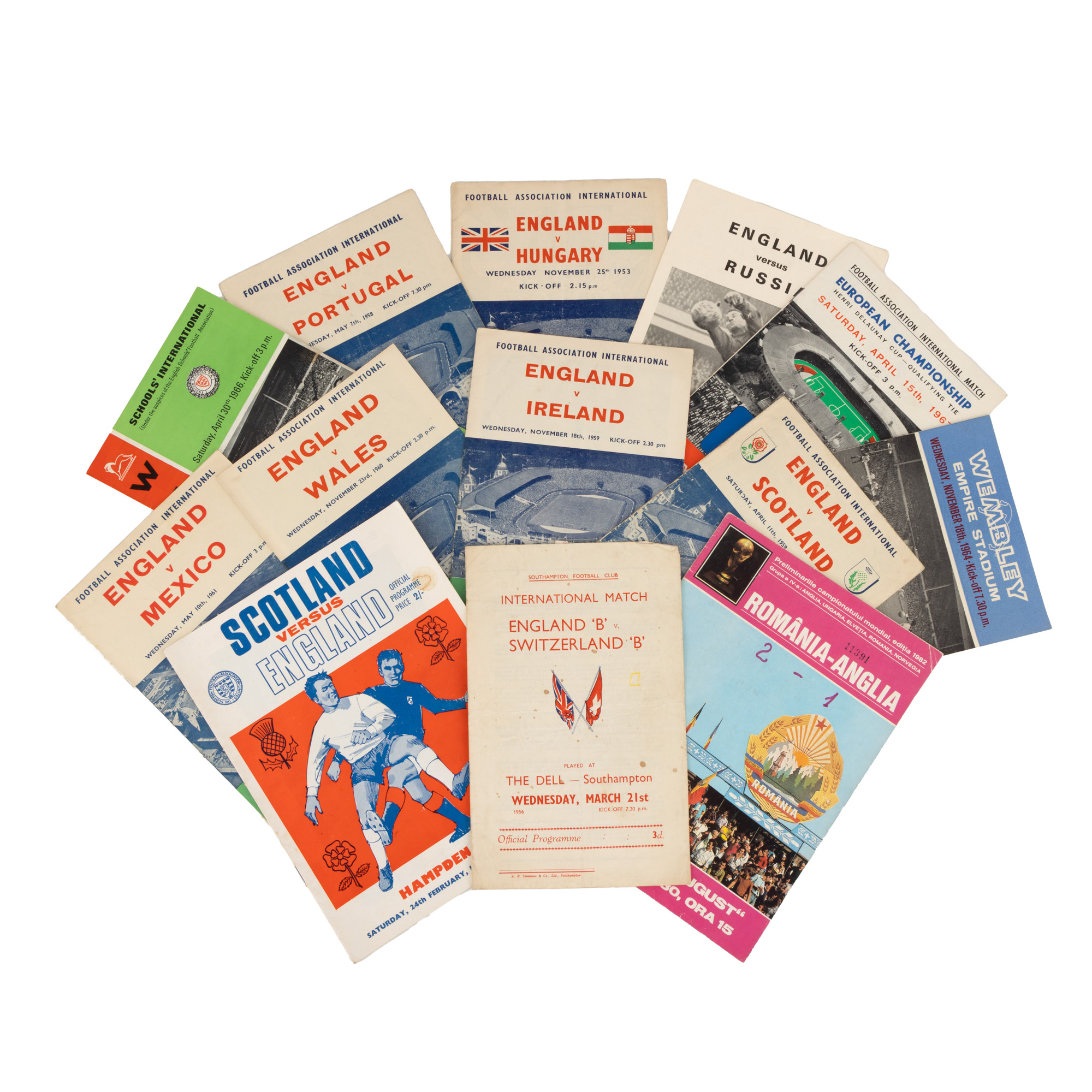 Lot consisting of 13 official programs of matches played by the England team, during the period 1953-1980, including a match with Romania