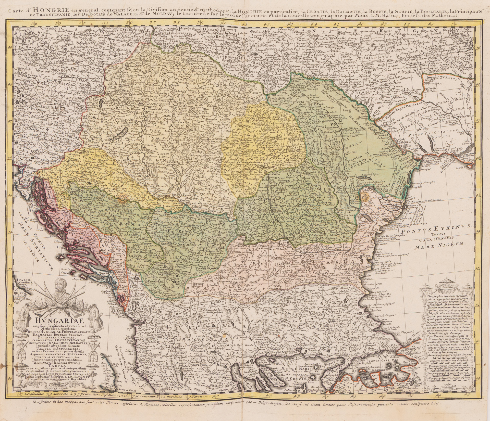 Hartă "Ungaria, Croația, Dalmația, Bosnia, Bulgaria, Principatul Transilvaniei, Valahia și Moldova", de Johann Matthias Hase, 1744