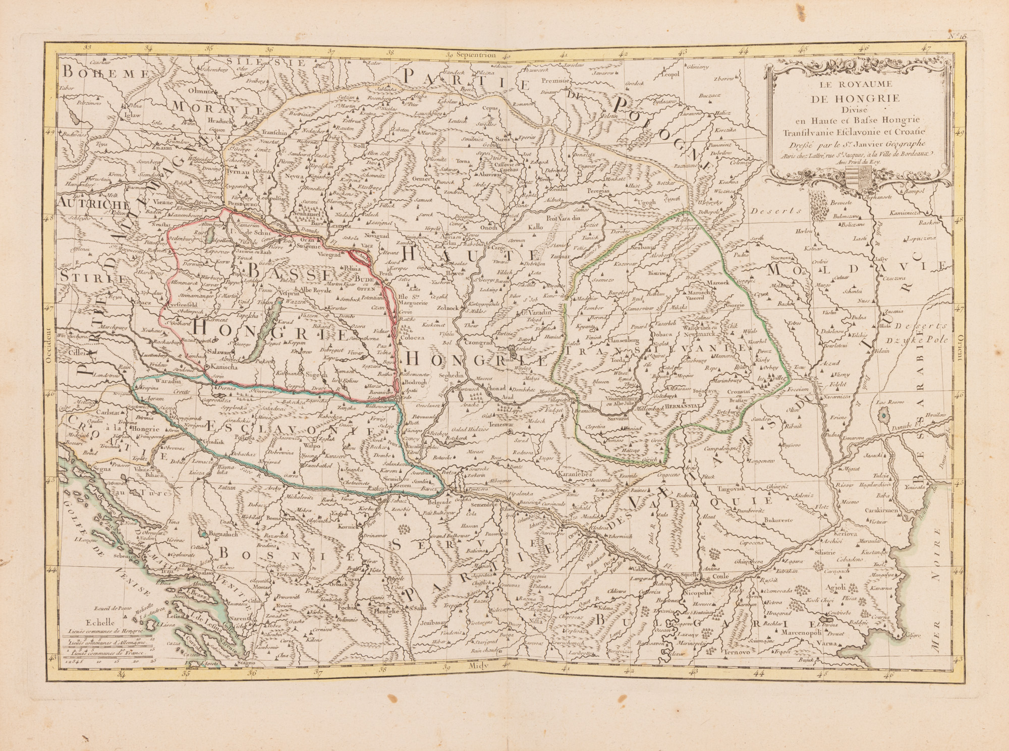 Hartă ”Regatul Ungariei împărțit în Ungaria Superioară și Inferioară, Transilvania, Sclavonia și Croația”, de Jean Denis Janvier, publicată de Jean Lattré, 1783, Paris