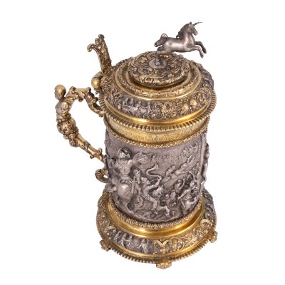 "David and Goliath" Jug or "Jug with Unicorn". Exceptional gilded silver jug with lid, Sibiu, 1712/1713 and 1715-1720, extreme rarity, museum piece