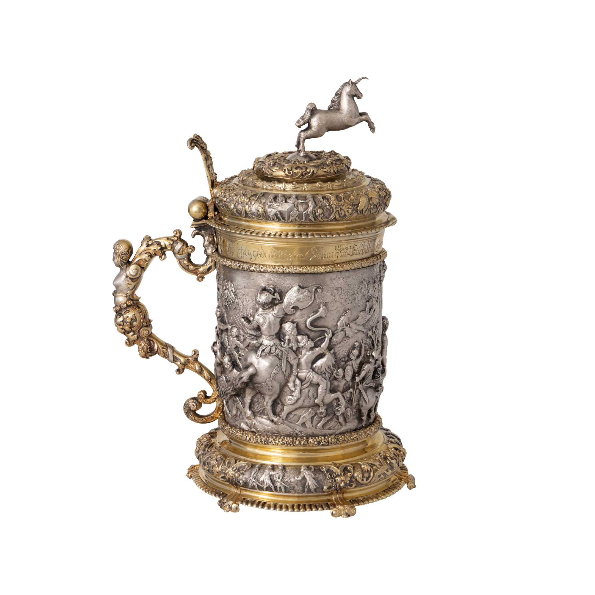 Cană ”David și Goliat” sau ”Cana cu unicorn”. Excepțională cană cu capac, din argint aurit, Sibiu, 1712/1713 și 1715–1720, raritate extremă, piesă muzeală